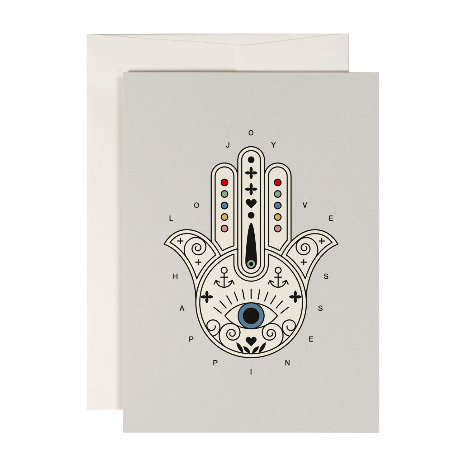 Illustration einer Khamsa-Hand mit Verzierungen und dem Wort "LOVE" auf einer grauen Karte.