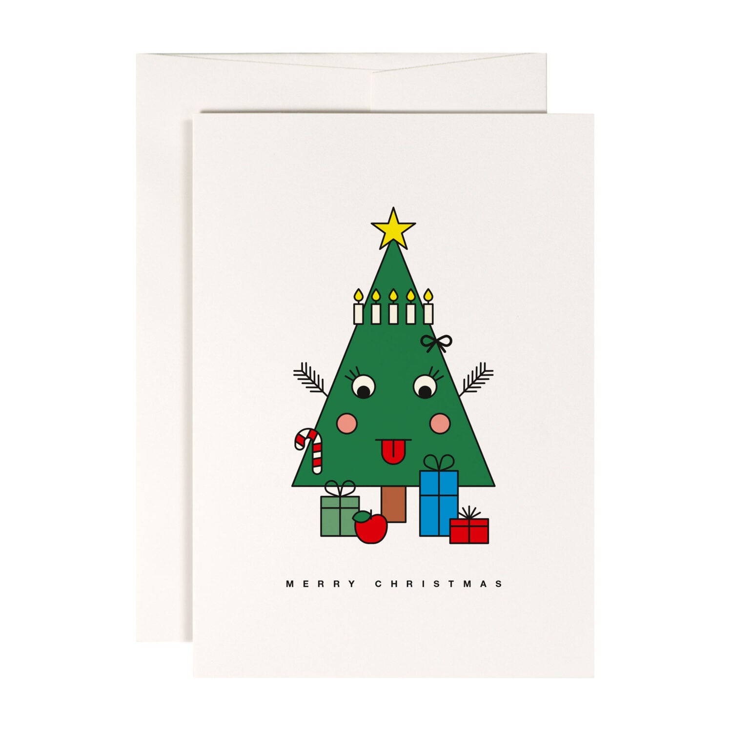 Illustration einer Weihnachtskarte mit einem Tannenbaumgesicht, Geschenken und der Aufschrift "Merry Christmas".