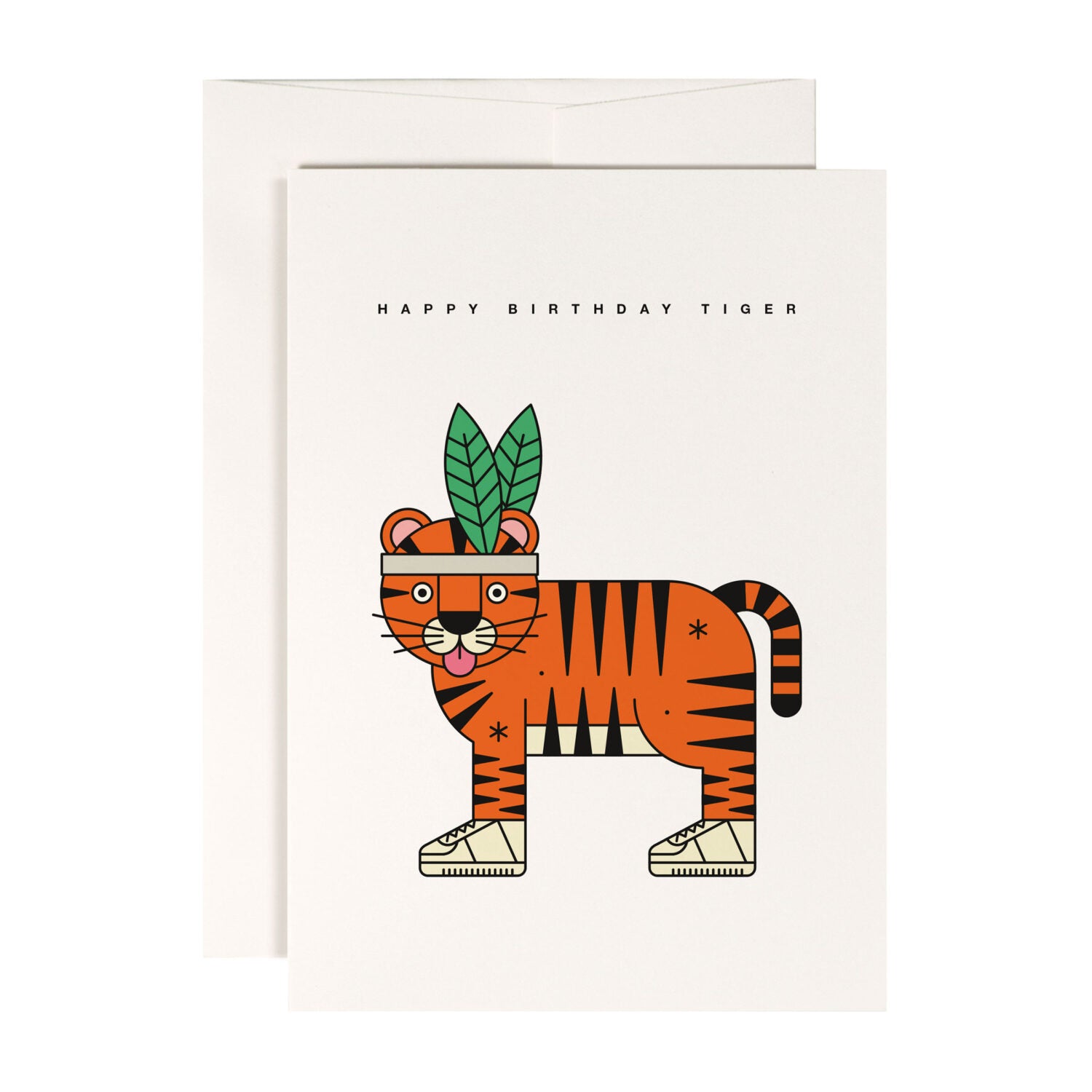 Illustration eines Tigers mit Turnschuhen und Kopfschmuck aus Blättern auf einer Geburtstagskarte.