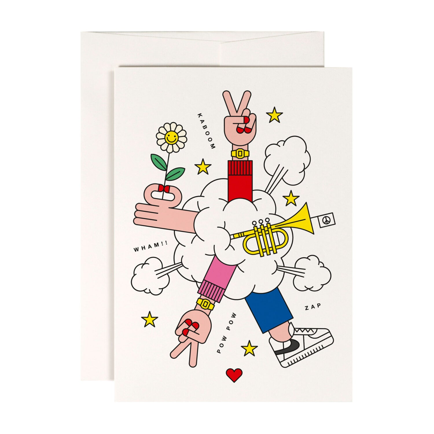 Illustration mit Händen, die eine Blume und Victory-Zeichen zeigen, umgeben von Wolken, Sternen und einer Trompete.
