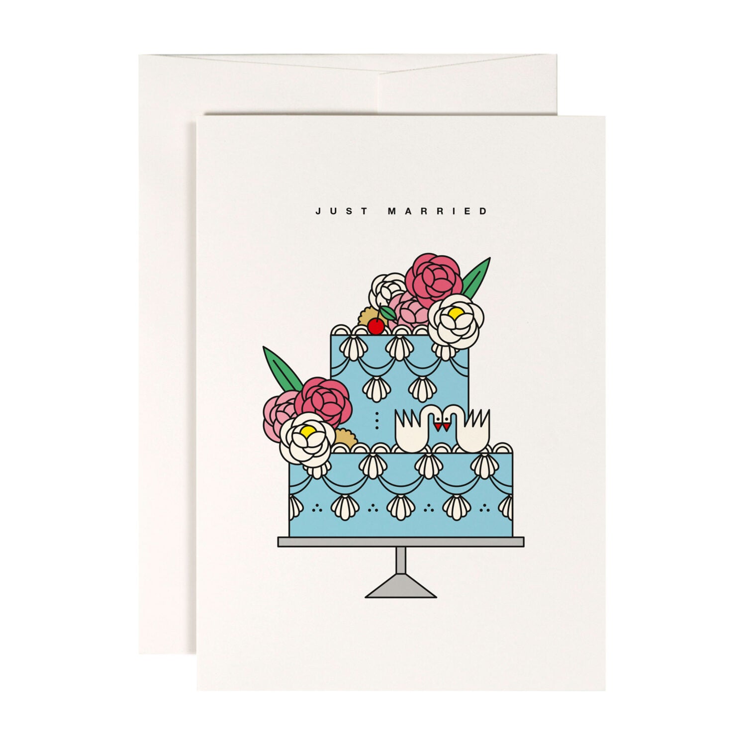 Hochzeitskarte mit blauer, verzierter Torte und Blumen, darüber der Text "Just Married".