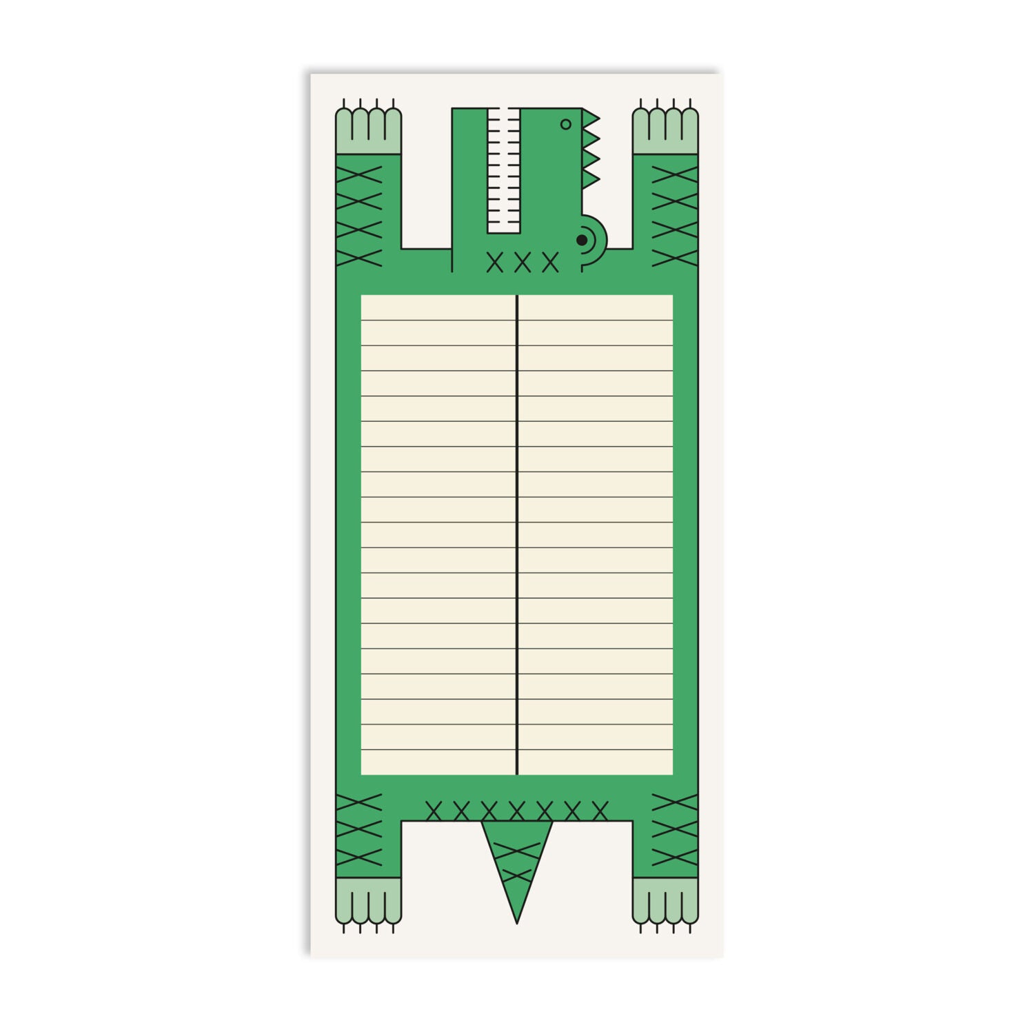 Illustration einer Notizliste in Form eines Krokodils mit grünem Rand und linierten Seiten in der Mitte.