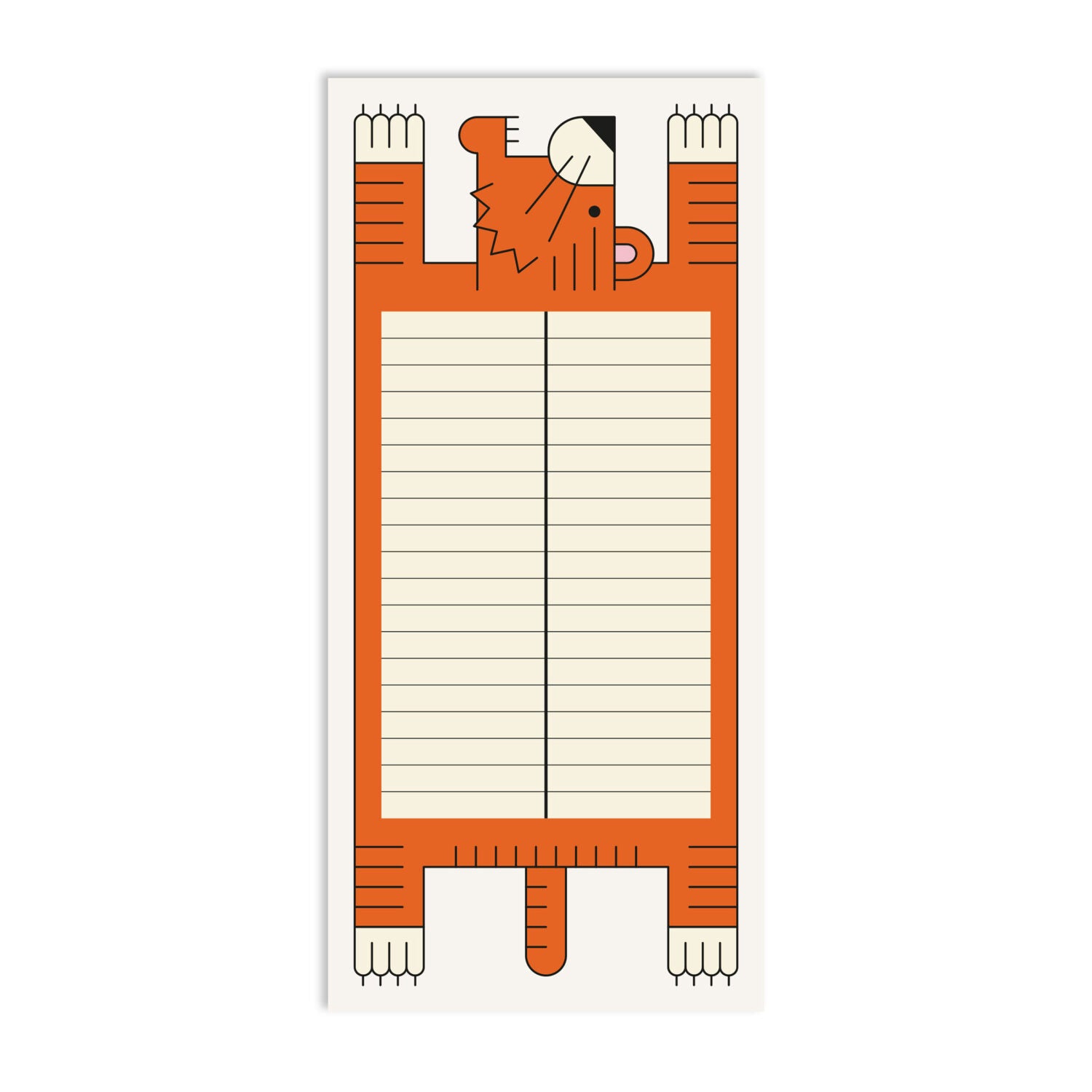 Illustration eines Notizblocks in Form eines orangefarbenen Tigers mit schwarzen Linien und einem weißen Hintergrund.