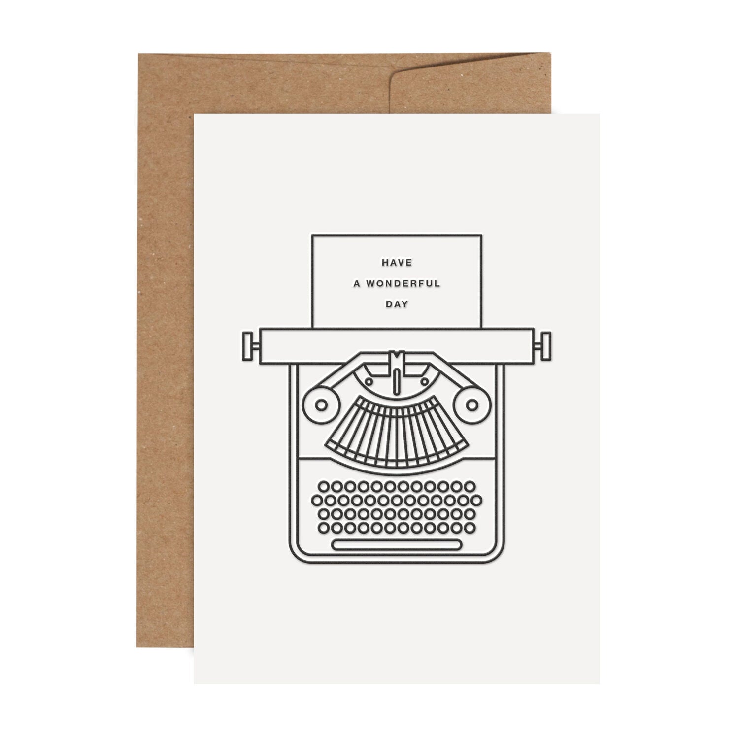 Eine Grußkarte mit einer gezeichneten Schreibmaschine und der Nachricht "Have a wonderful day" auf dem Papier.