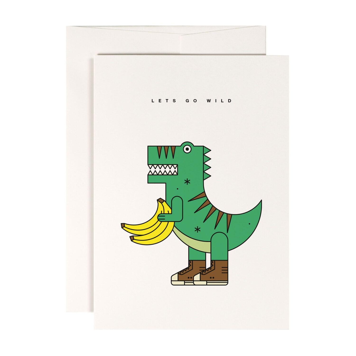 Ein grüner Dinosaurier mit Turnschuhen hält einen Bananenstrauß; darüber steht "LET'S GO WILD".