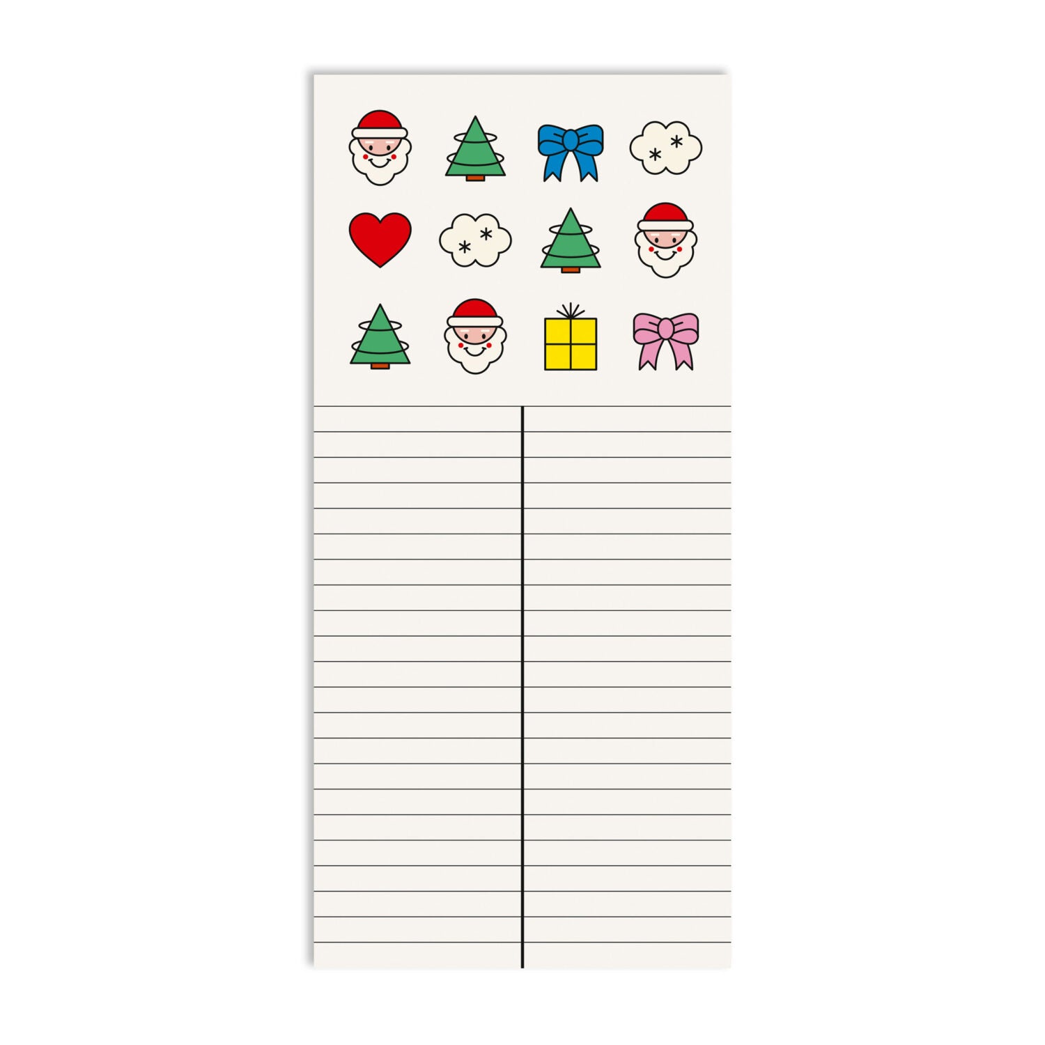 Ein Notizblock mit weihnachtlichen Symbolen oben, darunter Linien für Notizen.