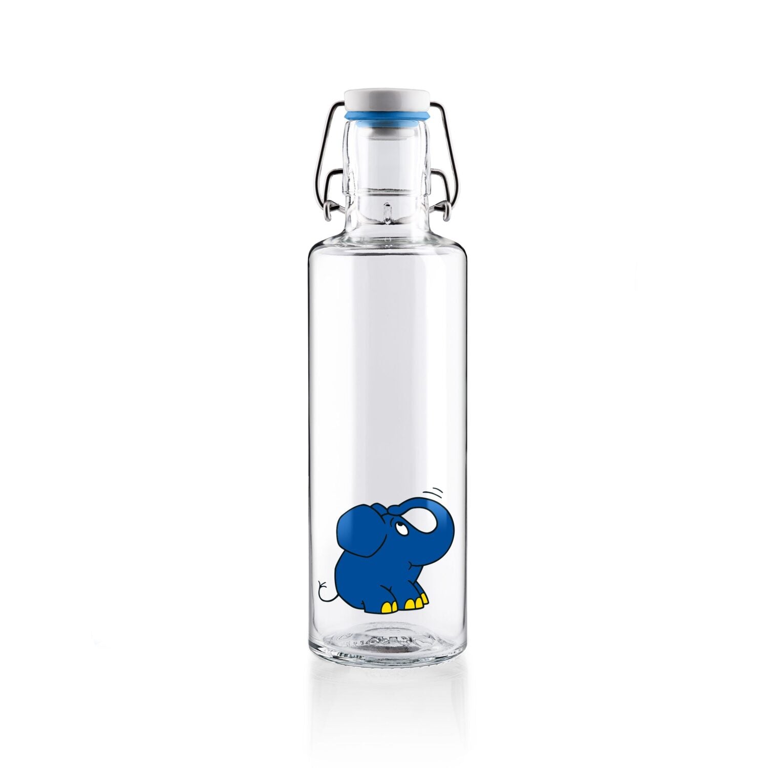 Klare Glasflasche mit einem aufgedruckten blauen Elefantenmotiv am unteren Rand.