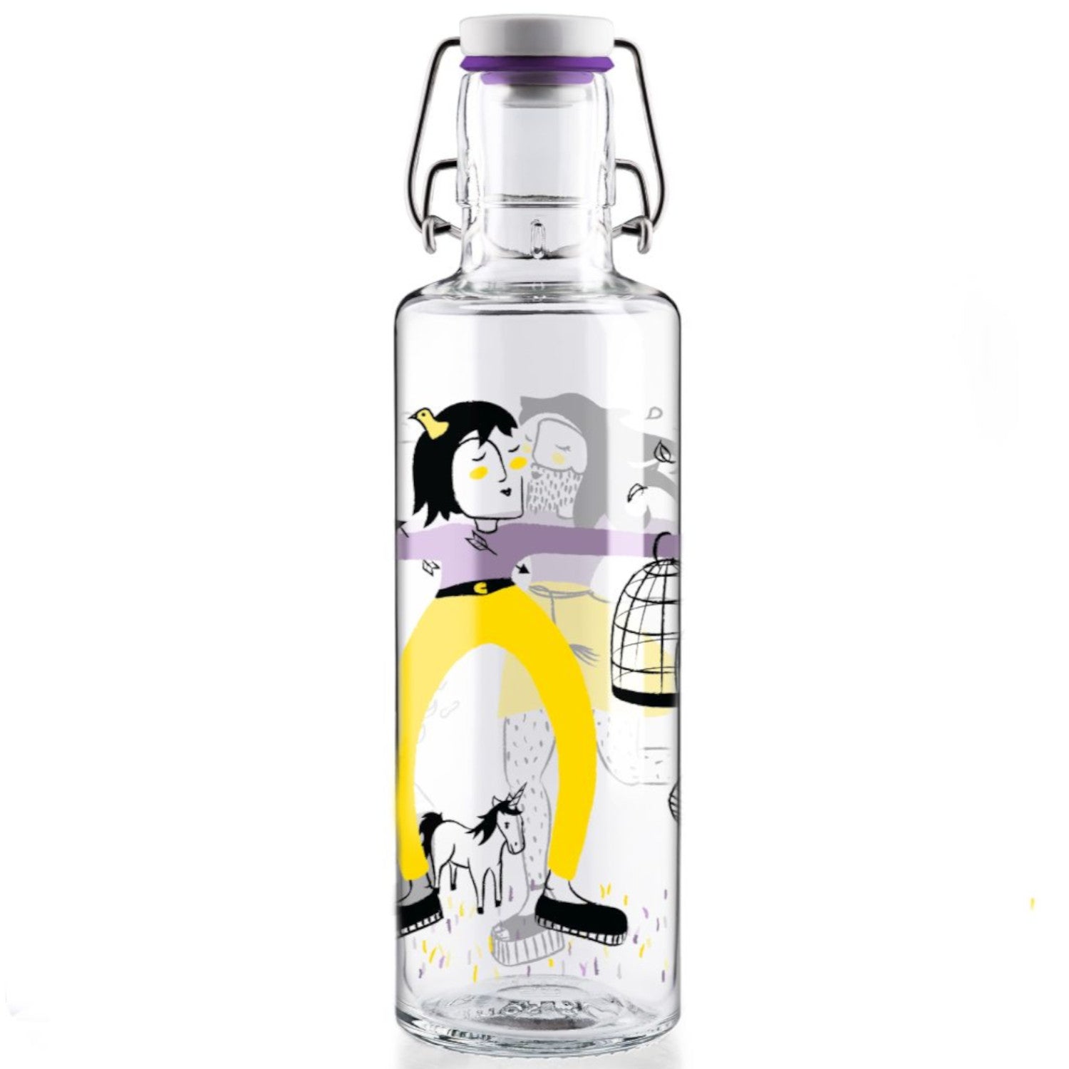 Transparente Glasflasche mit buntem Zeichnungsmuster, darunter eine Person, ein Einhorn und ein Vogelkäfig.
