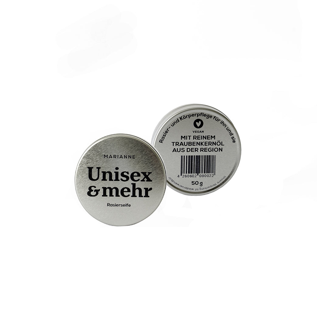 Runde Dose Rasierseife "Unisex & mehr" mit Traubenkernöl, vegan und aus der Region, auf weißem Hintergrund.