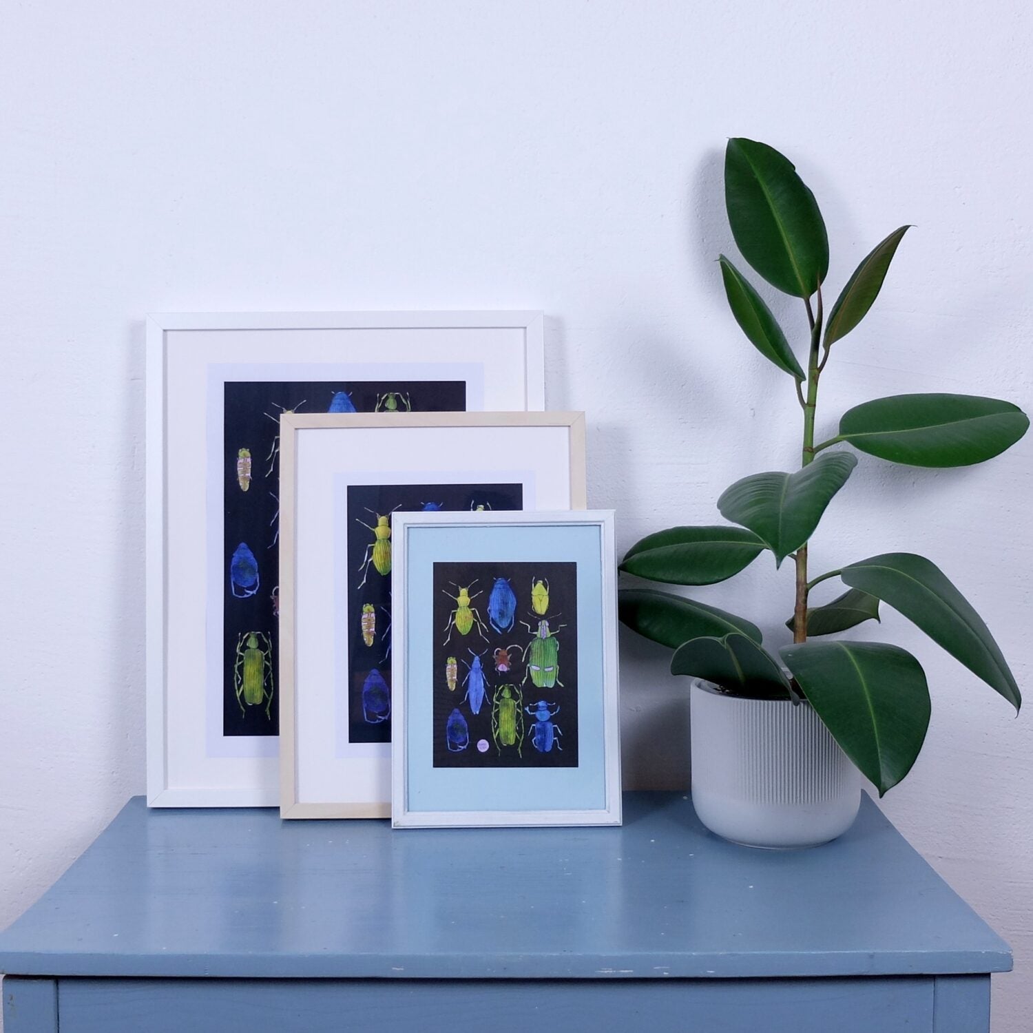 Drei eingerahmte Bilder mit bunten Käfern stehen auf einem blauen Tisch neben einer Pflanze in einem weißen Übertopf.