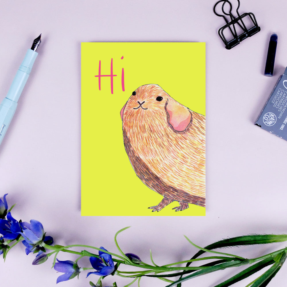 Illustration eines Meerschweinchens mit "Hi" auf gelbem Hintergrund, umgeben von Stift, Blumen und Büromaterial.