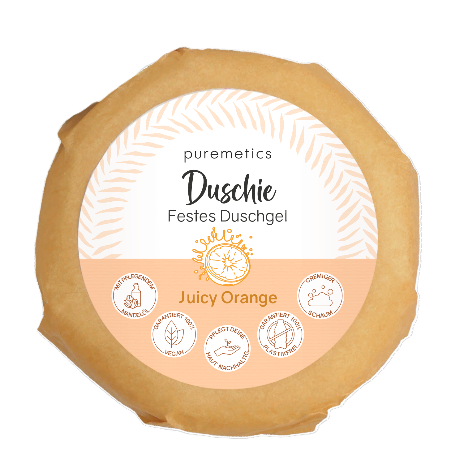 Runde Verpackung eines festen Duschgels von Puremetics, Sorte "Juicy Orange", mit veganen und plastikfreien Siegeln.
