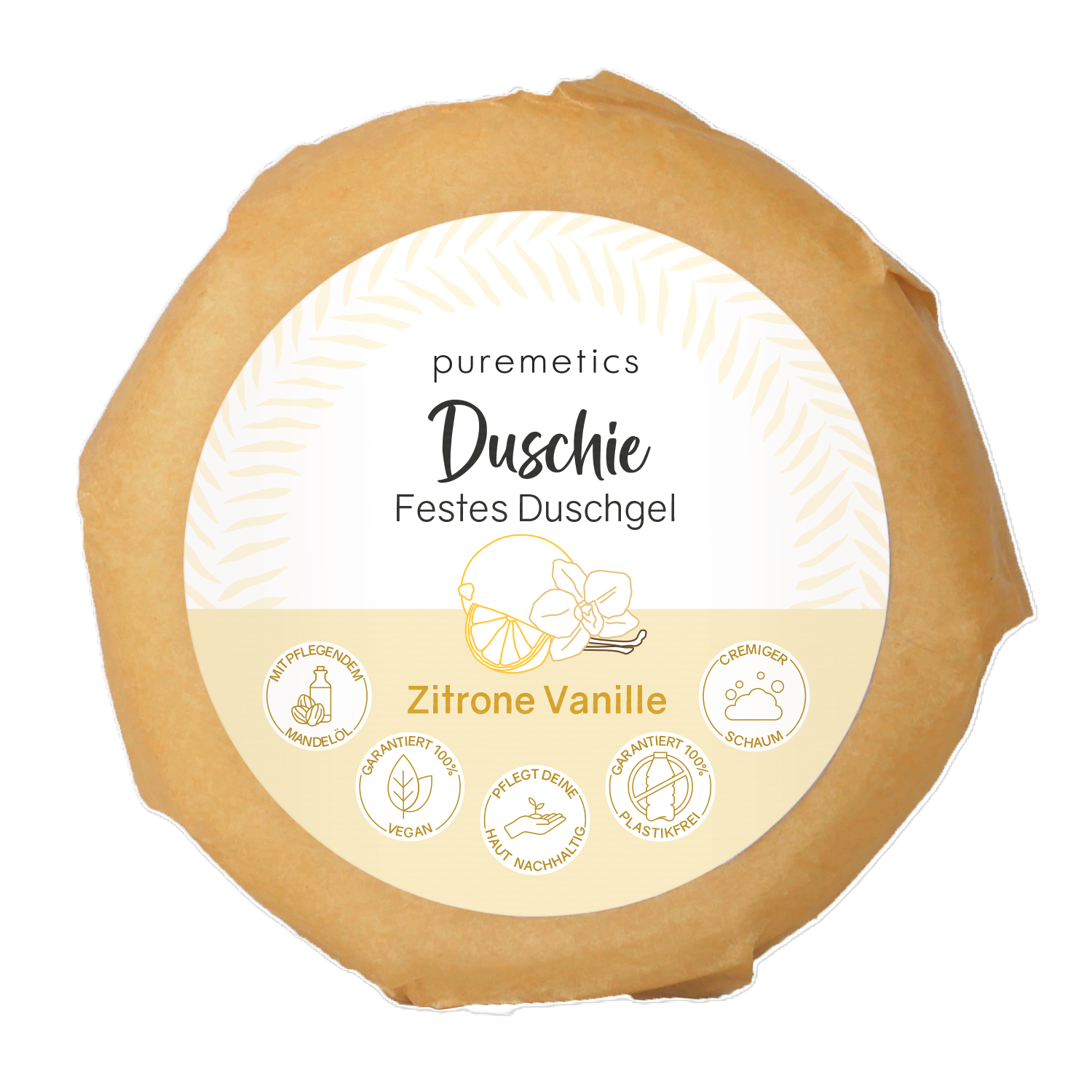 Rundes, festes Duschgel in braunem Papier mit Etikett "puremetics Duschie Festes Duschgel, Zitrone Vanille".
