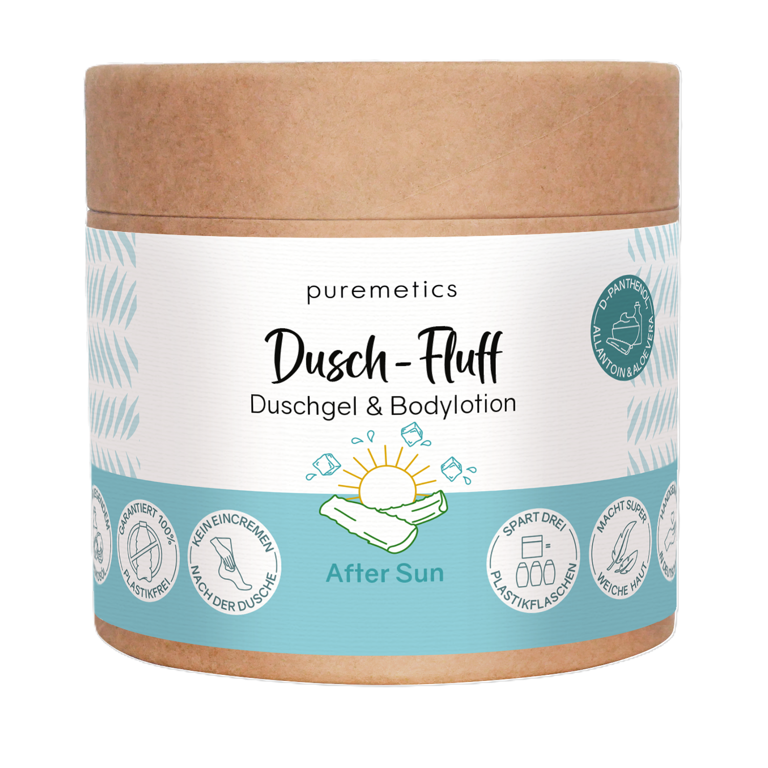 Behälter mit der Aufschrift „puremetics Dusch-Fluff Duschgel & Bodylotion – After Sun“, in hellen und blauen Tönen.