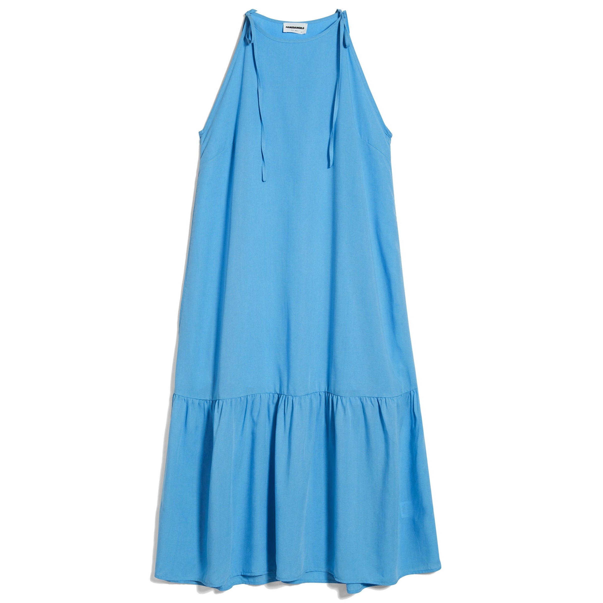 Blaues, ärmelloses Sommerkleid mit Bindebändern an den Schultern und einem weiten, fließenden Saum.