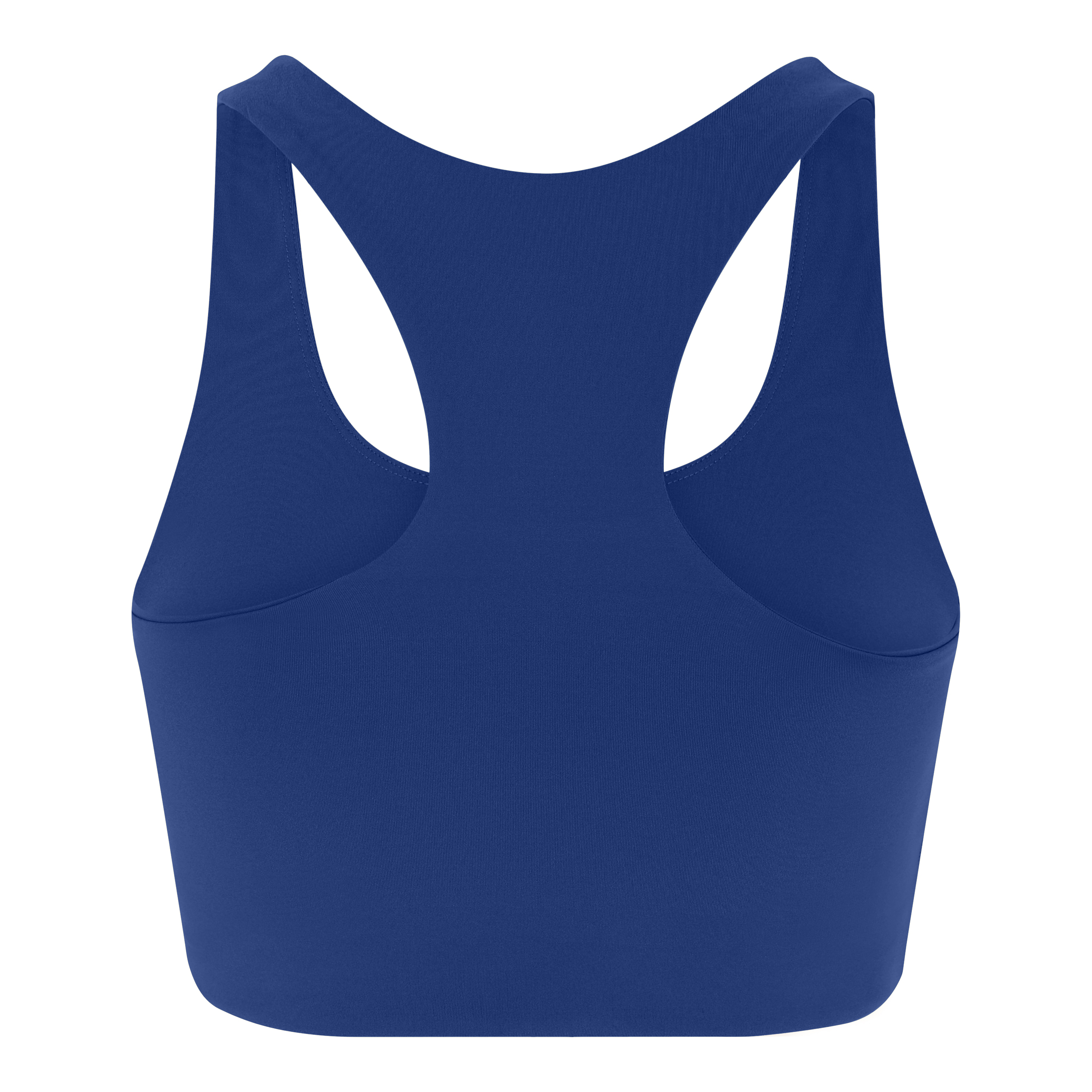 Ein königsblauer Racerback-Sport-BH mit hohem Ausschnitt und glattem Stoff ohne sichtbare Nähte oder Logos, von hinten gesehen.