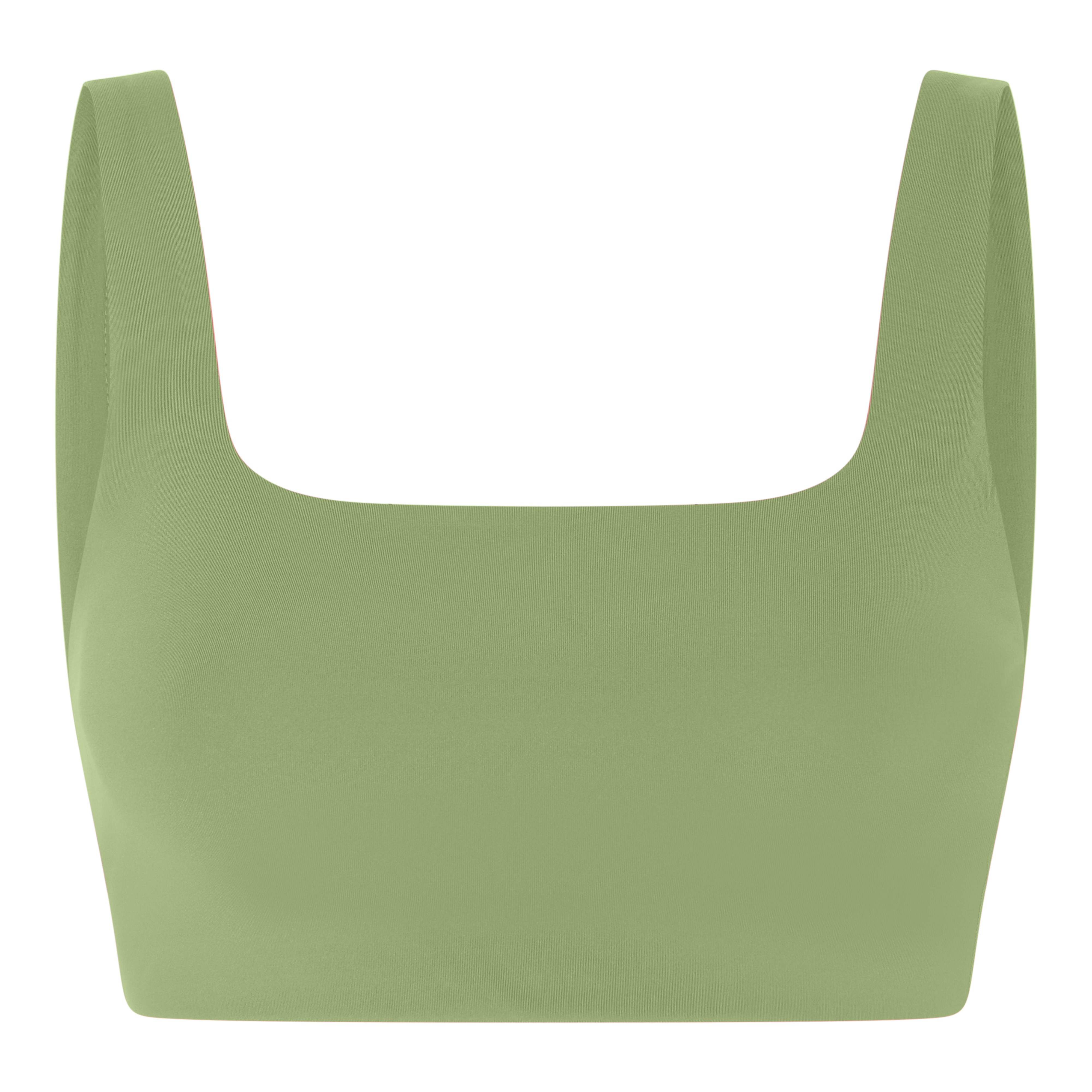Ein hellgrünes, beschnittenes Tank-Top mit breiten Schulterträgern und quadratischem Ausschnitt vor weißem Hintergrund.