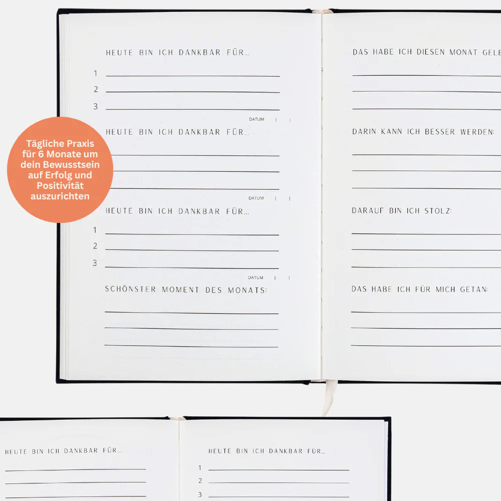 Zwei offene Tagebuchseiten mit Aufforderungen, Dinge aufzulisten, für die man dankbar ist, auf die man stolz ist oder über die man sich freut. Orangefarbene Kreise markieren Abschnitte für die tägliche und wöchentliche Reflexion und Dankbarkeit. Die Seiten haben saubere, schwarz umrandete Abschnitte.