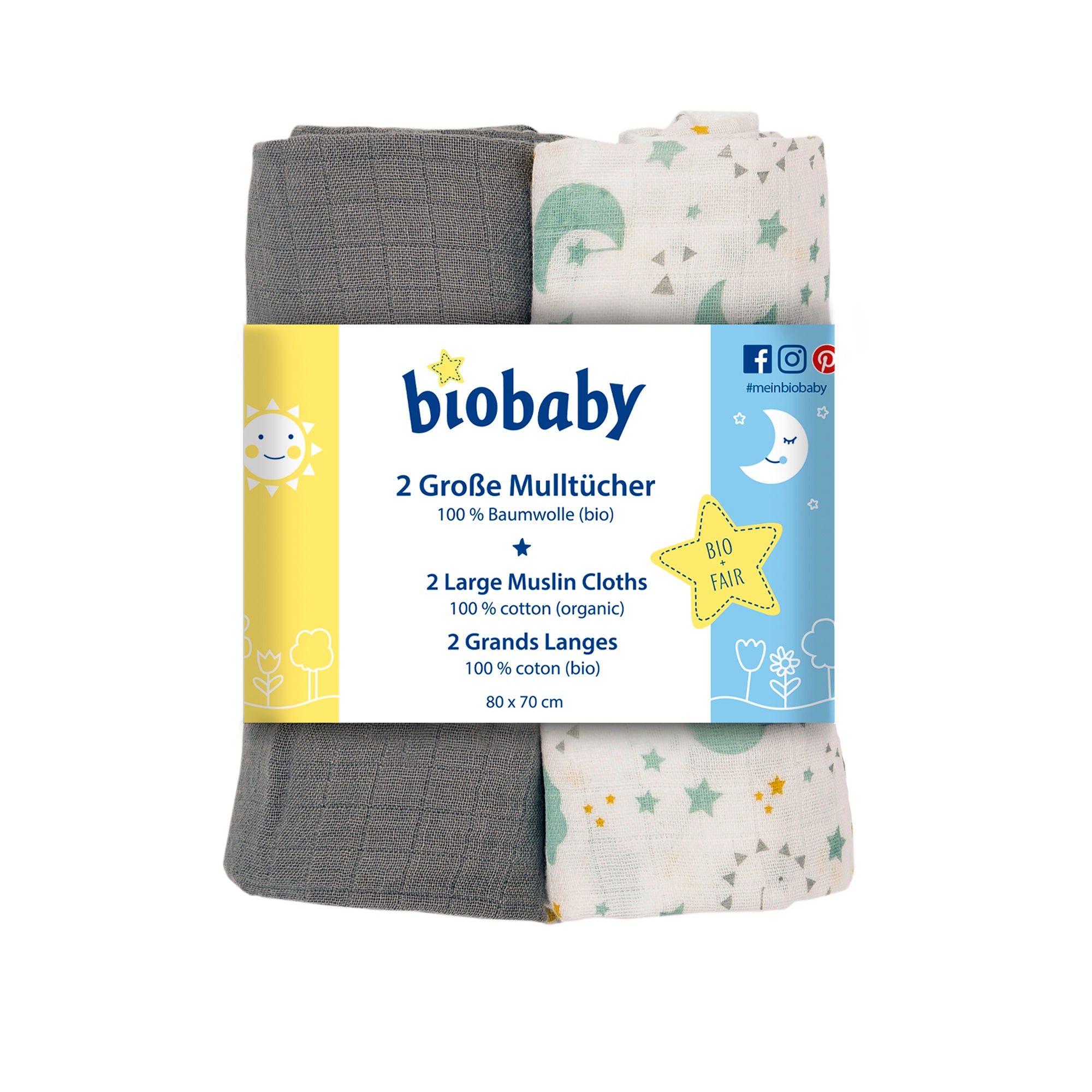 Zwei große Musselintücher von biobaby, eines einfarbig grau und eines weiß mit pastellfarbenen Sternen- und Mondmustern, sind in einer Verpackung verpackt, die darauf hinweist, dass sie aus 100 % Bio-Baumwolle hergestellt sind.