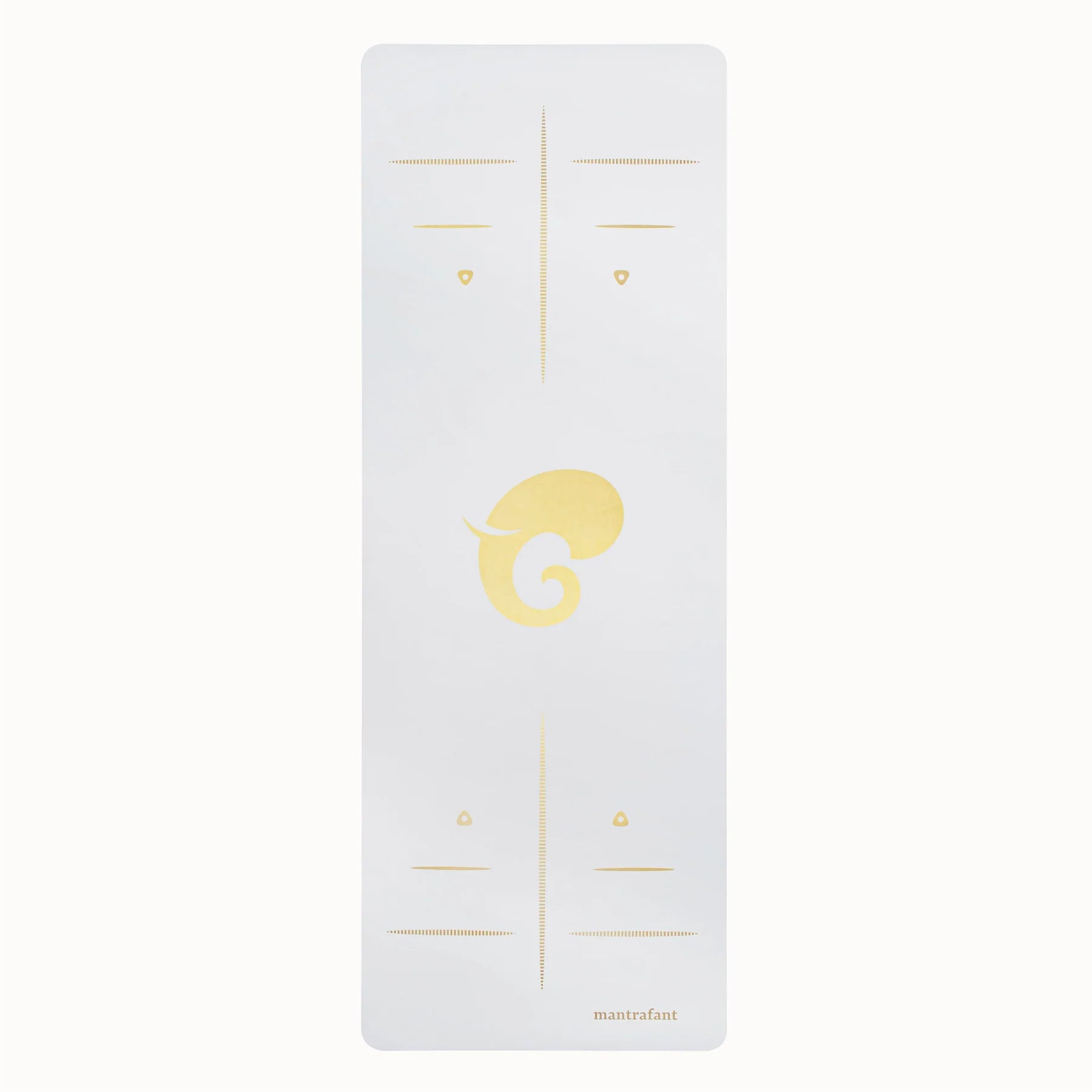 Weiße Yogamatte mit goldenen Markierungen und einem stilisierten Elefantenlogo in der Mitte.