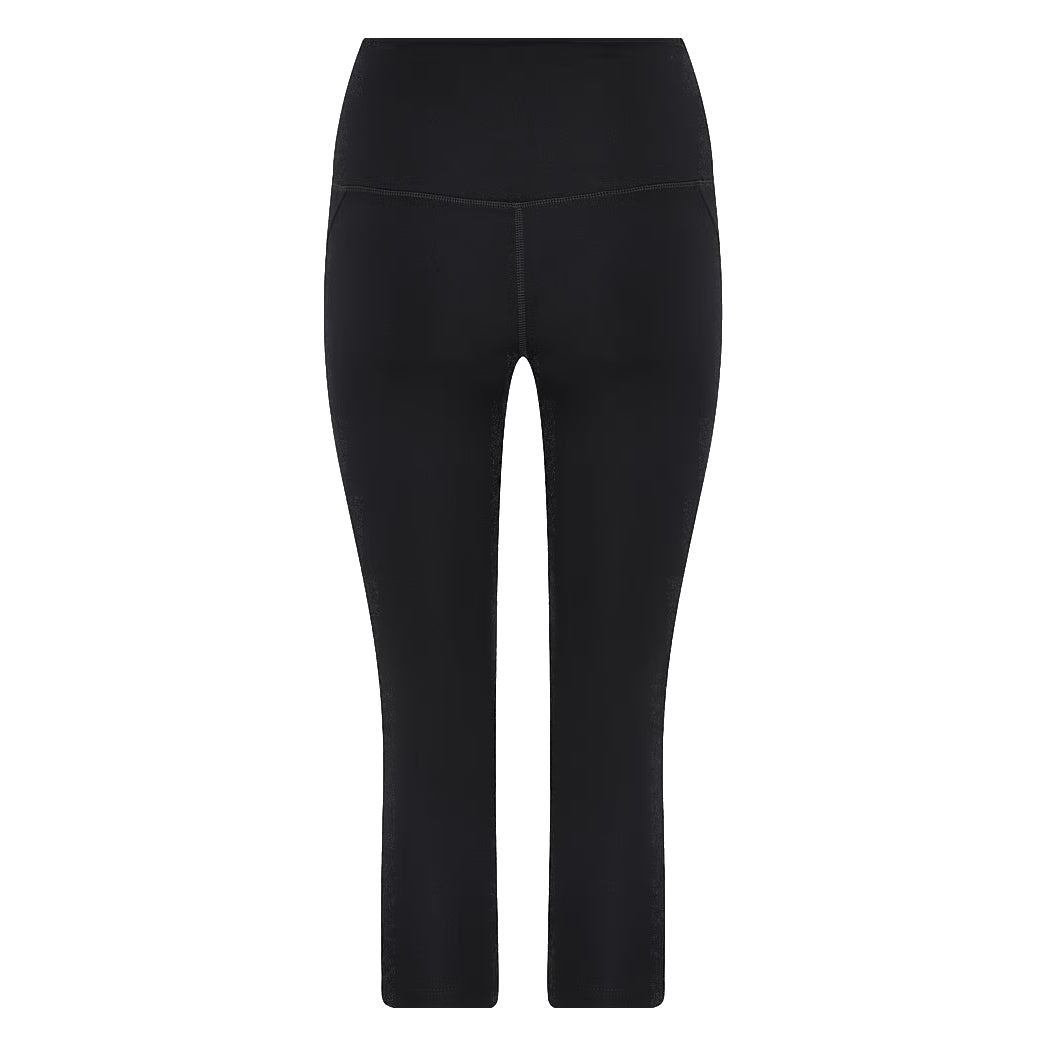 Ein Paar schwarzer Leggings mit hoher Taille, die von vorne vor einem weißen Hintergrund gezeigt werden.