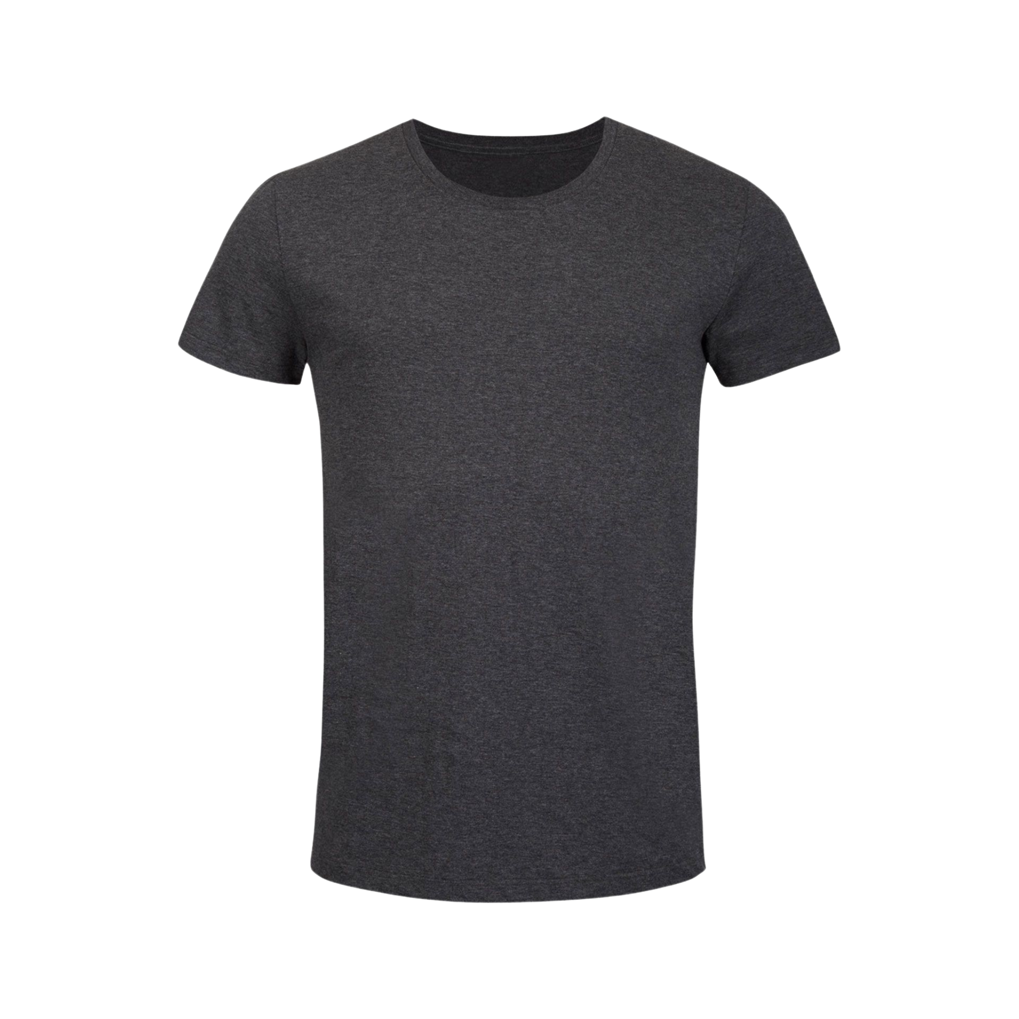 Dunkelgraues T-Shirt mit kurzem Ärmel und Rundhalsausschnitt vor weißem Hintergrund.