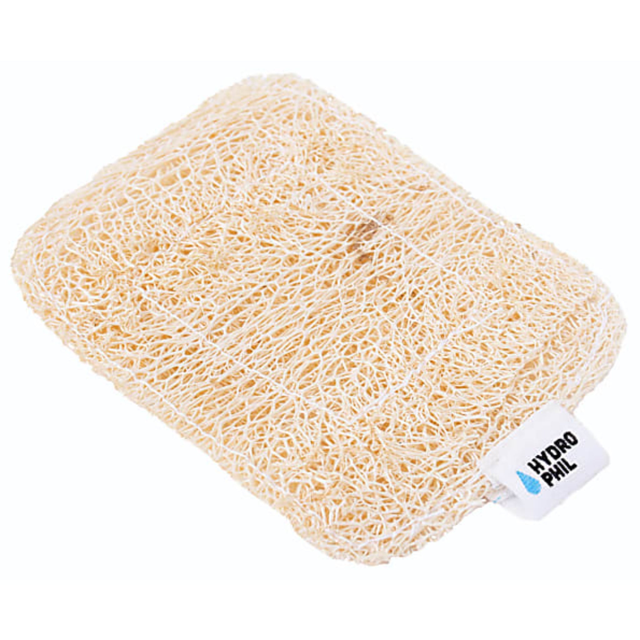 Naturschwamm-Pad mit grobmaschiger, beige Struktur und einem kleinen weißen Etikett mit schwarzer Aufschrift.