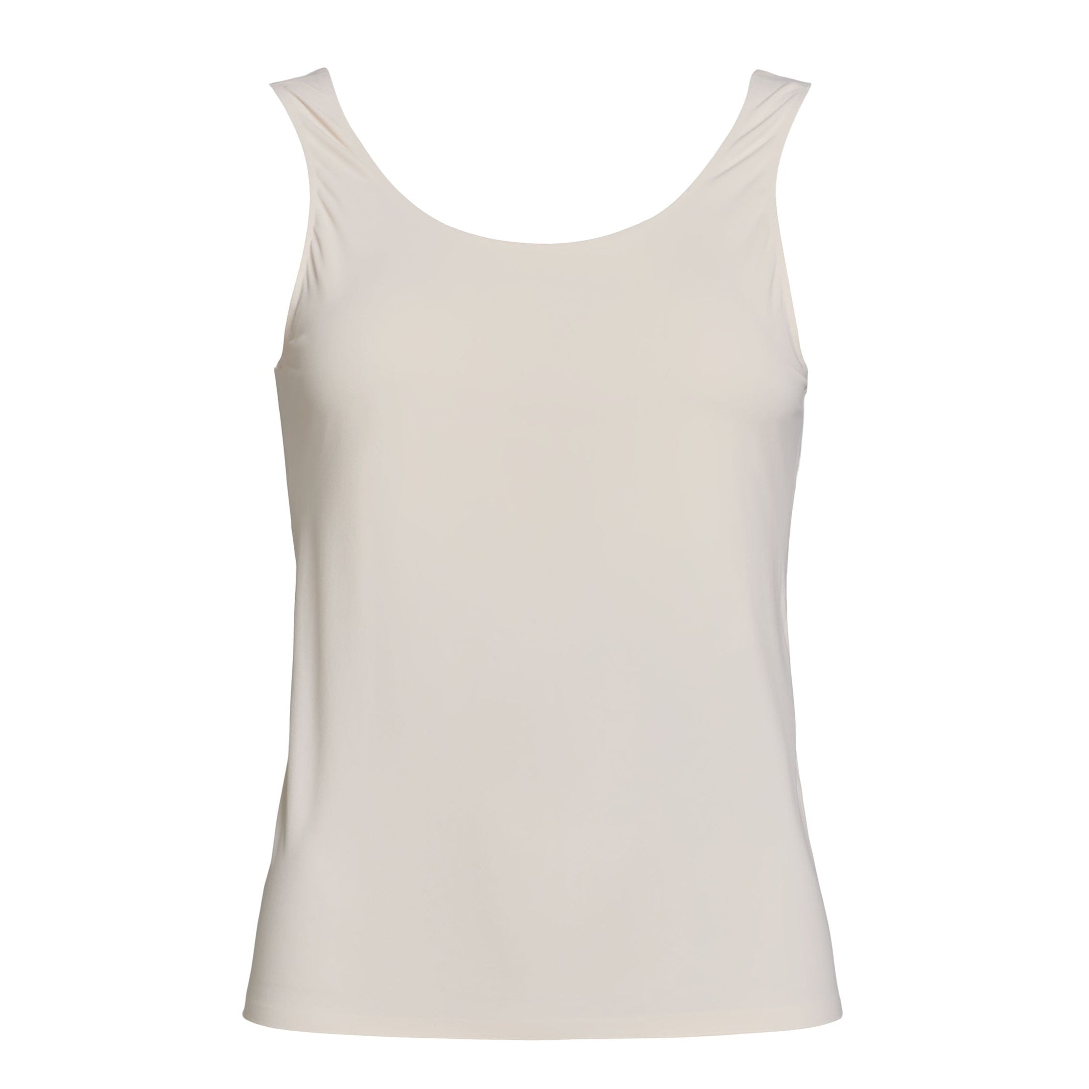 Ein schlichtes, ärmelloses, hellbeiges Tank-Top mit Rundhalsausschnitt auf weißem Hintergrund.