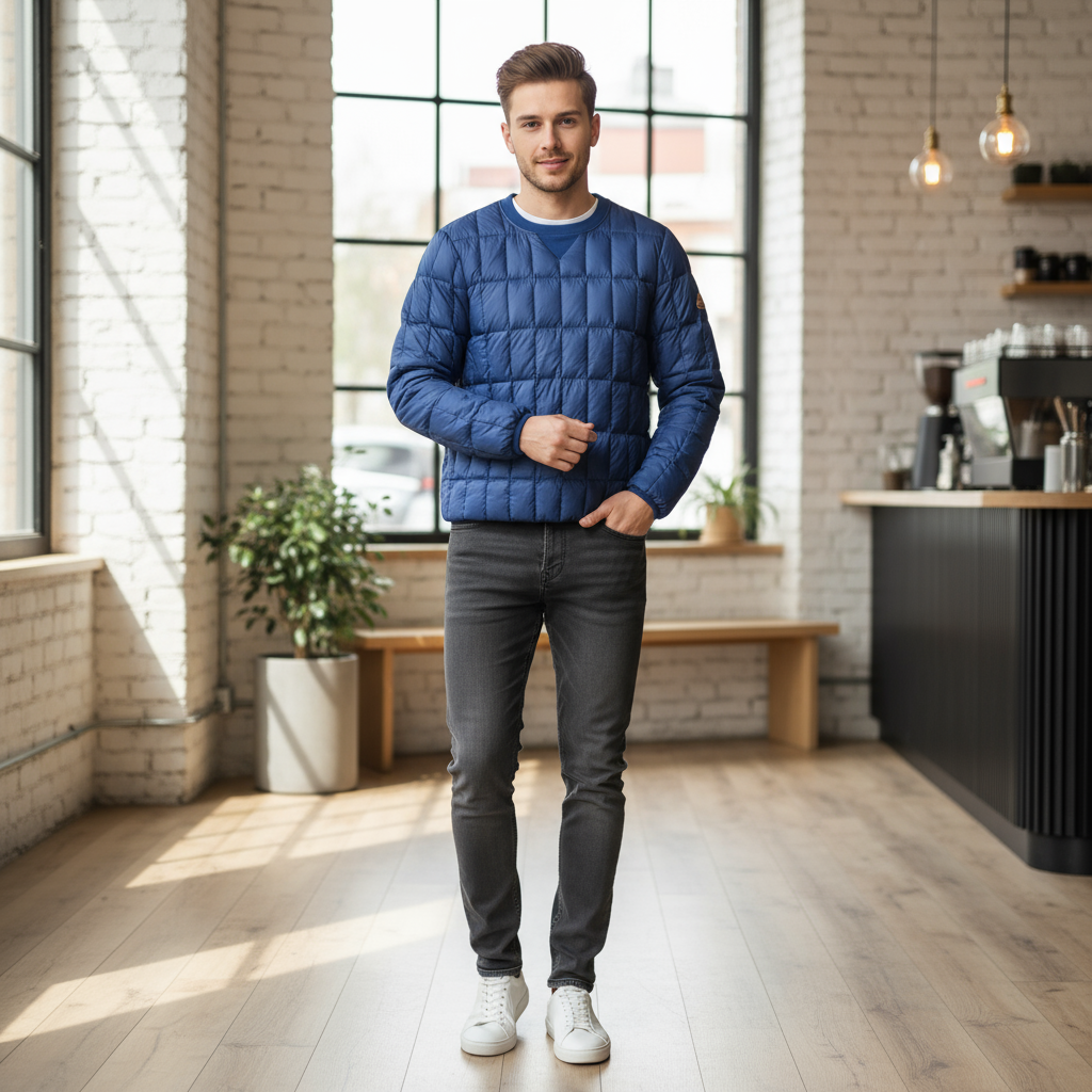 Ein Mann in einer blauen Steppjacke, dunklen Jeans und weißen Turnschuhen steht in einem modernen, sonnendurchfluteten Café mit großen Fenstern, Holzfußboden und einer Topfpflanze im Hintergrund.