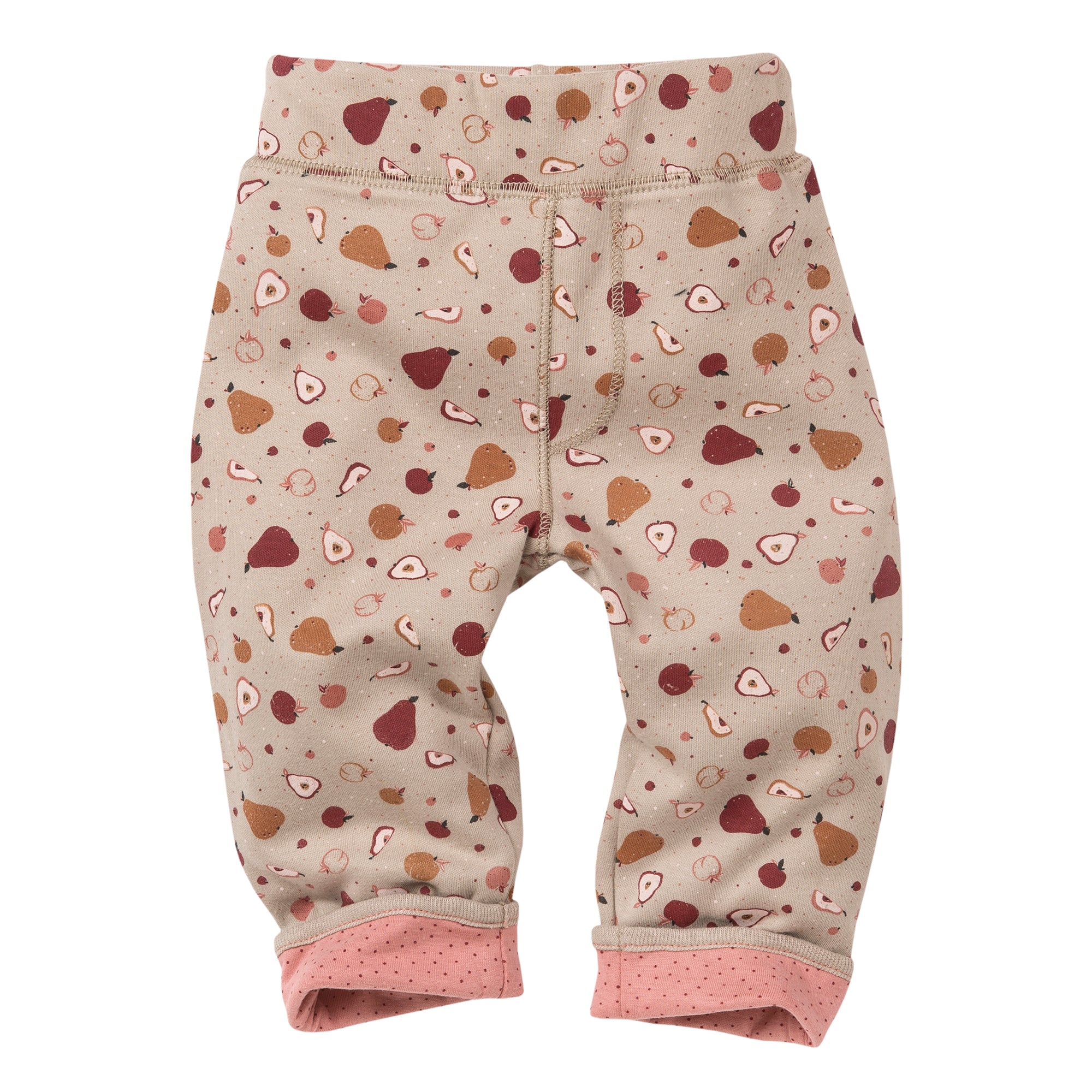 Beigefarbene Babyhose mit elastischem Bund, verziert mit einem Muster aus roten, braunen und hellbraunen Birnen und Punkten sowie rosa gepunkteten Bündchen an den Knöcheln.