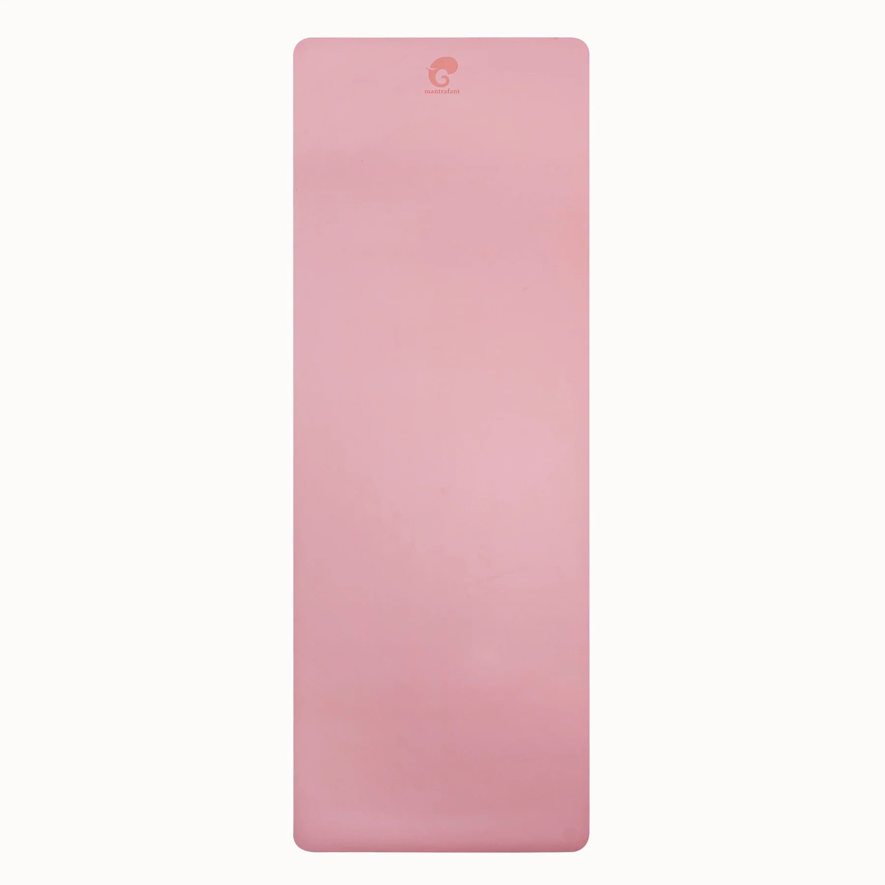 Rosa Yogamatte mit abgerundeten Ecken und einem Logo in der oberen Mitte auf weißem Hintergrund.