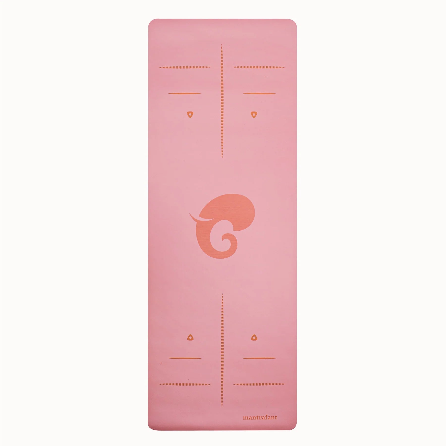 Pinkfarbene Yogamatte mit geometrischen Mustern und einem großen, dekorativen Symbol in der Mitte, auf hellem Hintergrund.