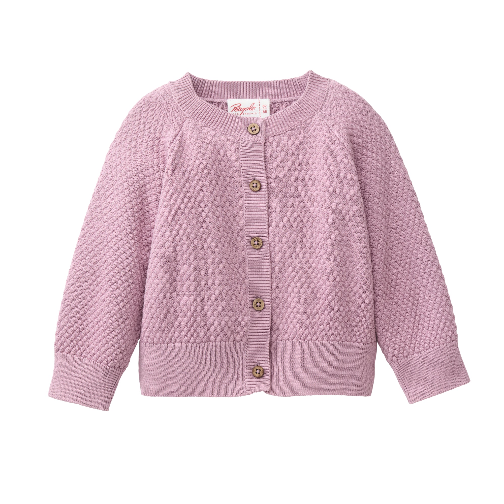 Hellviolette, langärmelige, strukturierte Strickjacke mit braunen Knöpfen auf der Vorderseite und gerippten Bündchen, Kragen und Saum.