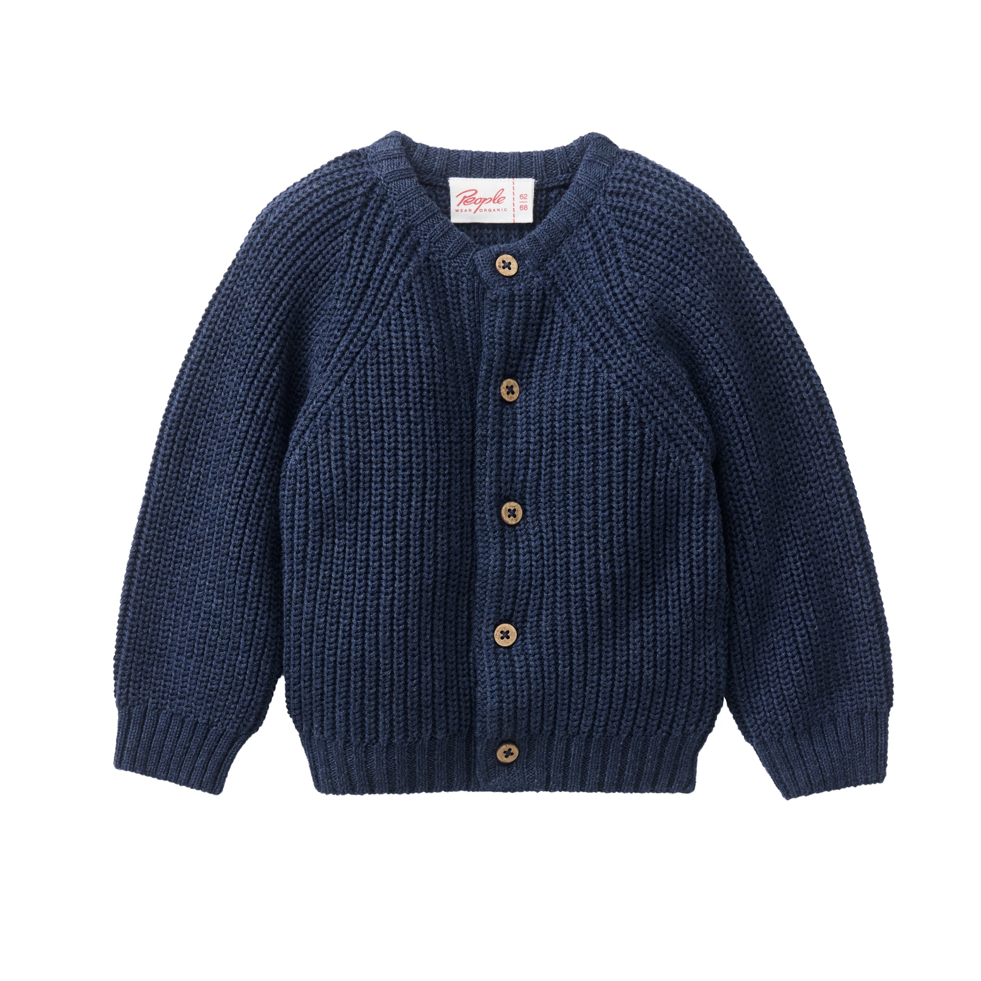 Marineblaue, langärmelige Strickjacke für Kinder mit Holzknöpfen auf der Vorderseite und gerippter Struktur.