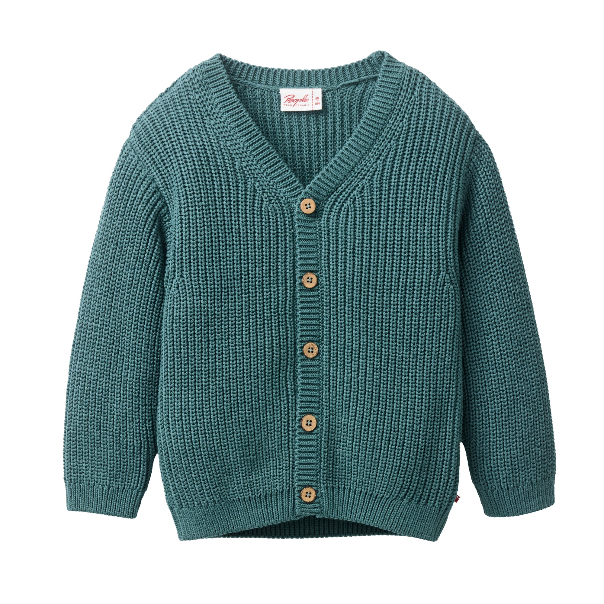 Eine blaugrüne, langärmelige Strickjacke mit V-Ausschnitt und Holzknöpfen auf der Vorderseite, die auf einem schlichten weißen Hintergrund abgebildet ist.