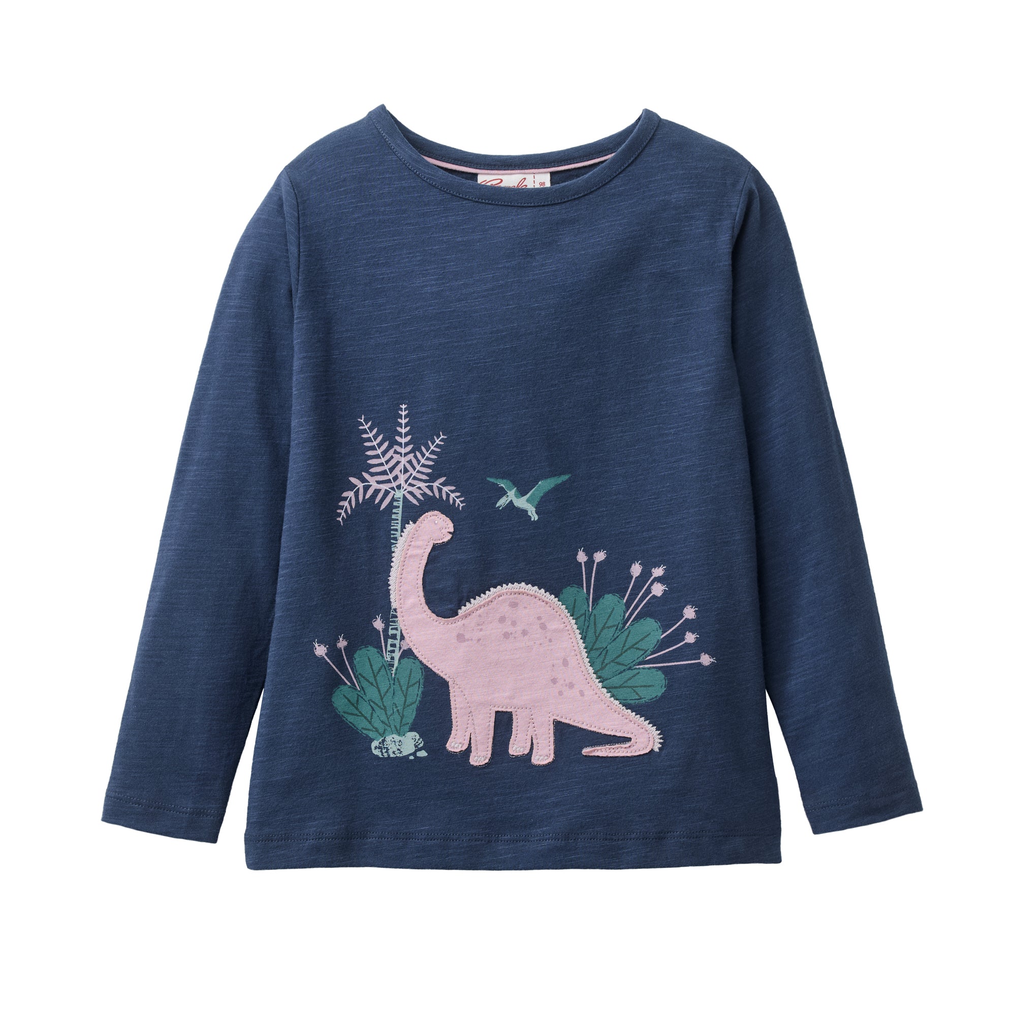 Ein langärmeliges, dunkelblaues Kindershirt mit einem rosa Dinosaurier, grünen Pflanzen, einem kleinen Vogel und einer Palmengrafik auf der Vorderseite.