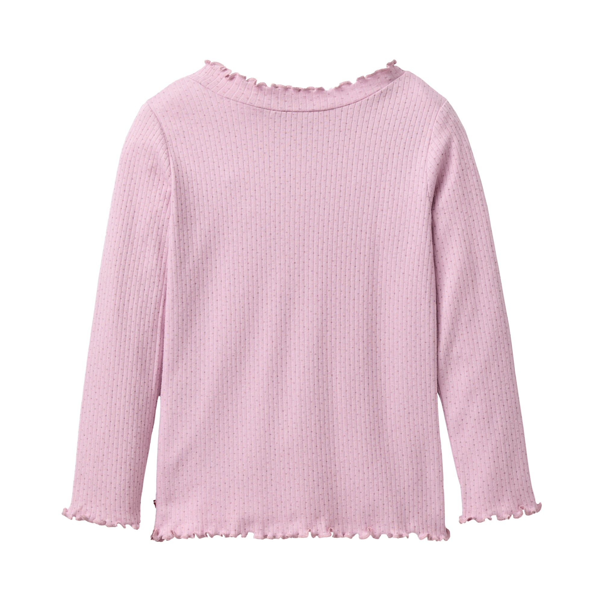 Ein hellrosa, langärmeliges, geripptes Hemd mit dezentem Strukturmuster und gerüschten Kanten an Halsausschnitt, Manschetten und Saum. Das Hemd ist flach und zeigt die Rückseite.