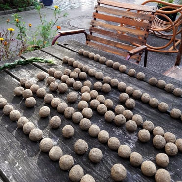 Auf einem Holztisch im Freien sind Tonkugeln aufgereiht und trocknen in der Sonne. Hinter dem Tisch stehen Holzstühle, Topfpflanzen und ein Gartenweg mit Grünzeug und Blumen.