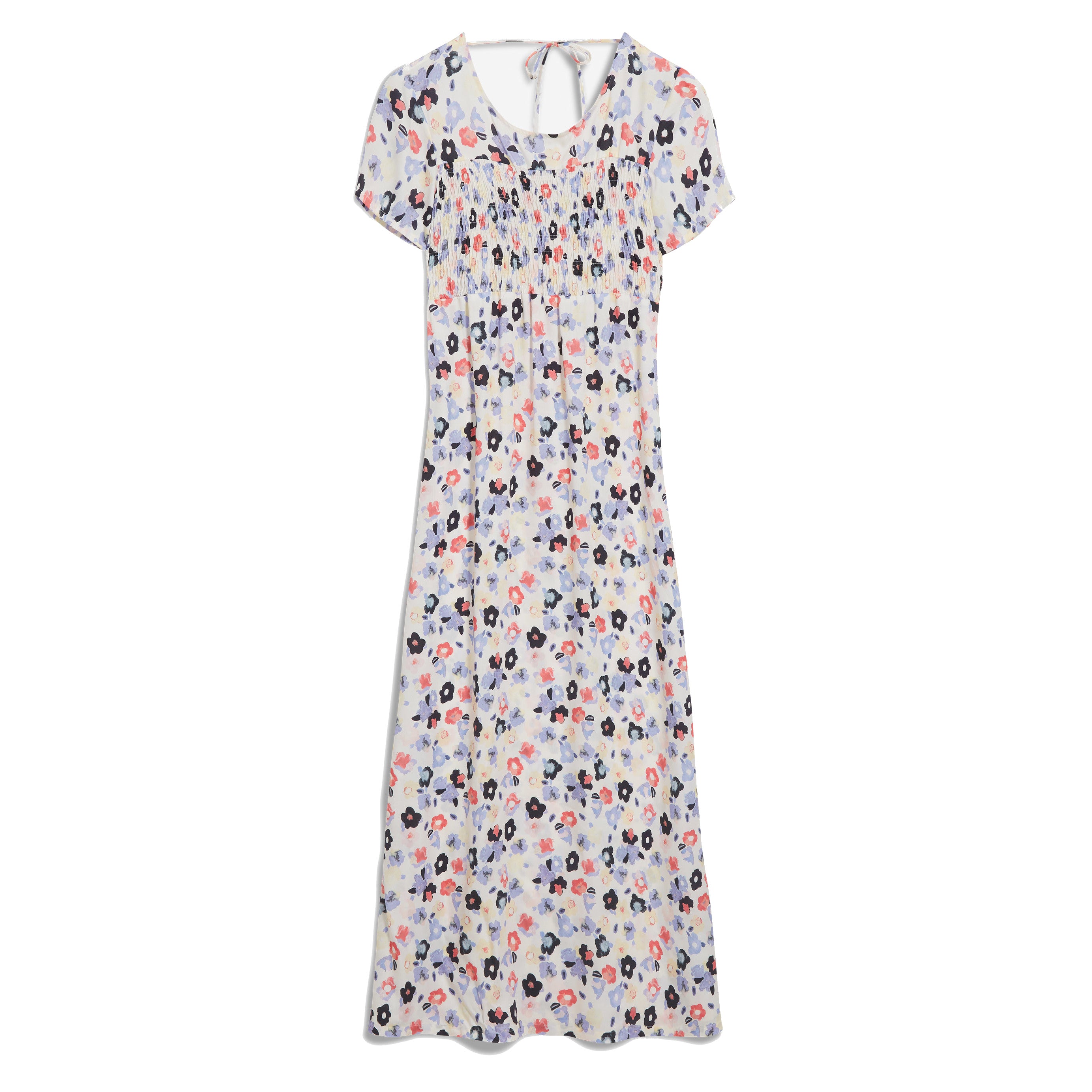 Geblümtes Sommerkleid mit kurzen Ärmeln, in Pastellfarben mit buntem Blumenmuster gestaltet.
