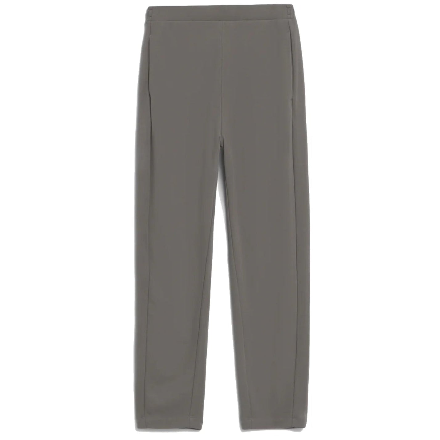 Graue Hose mit geradem Bein, flach auf weißem Grund, mit Seitentaschen und einem einfachen, minimalistischen Design.