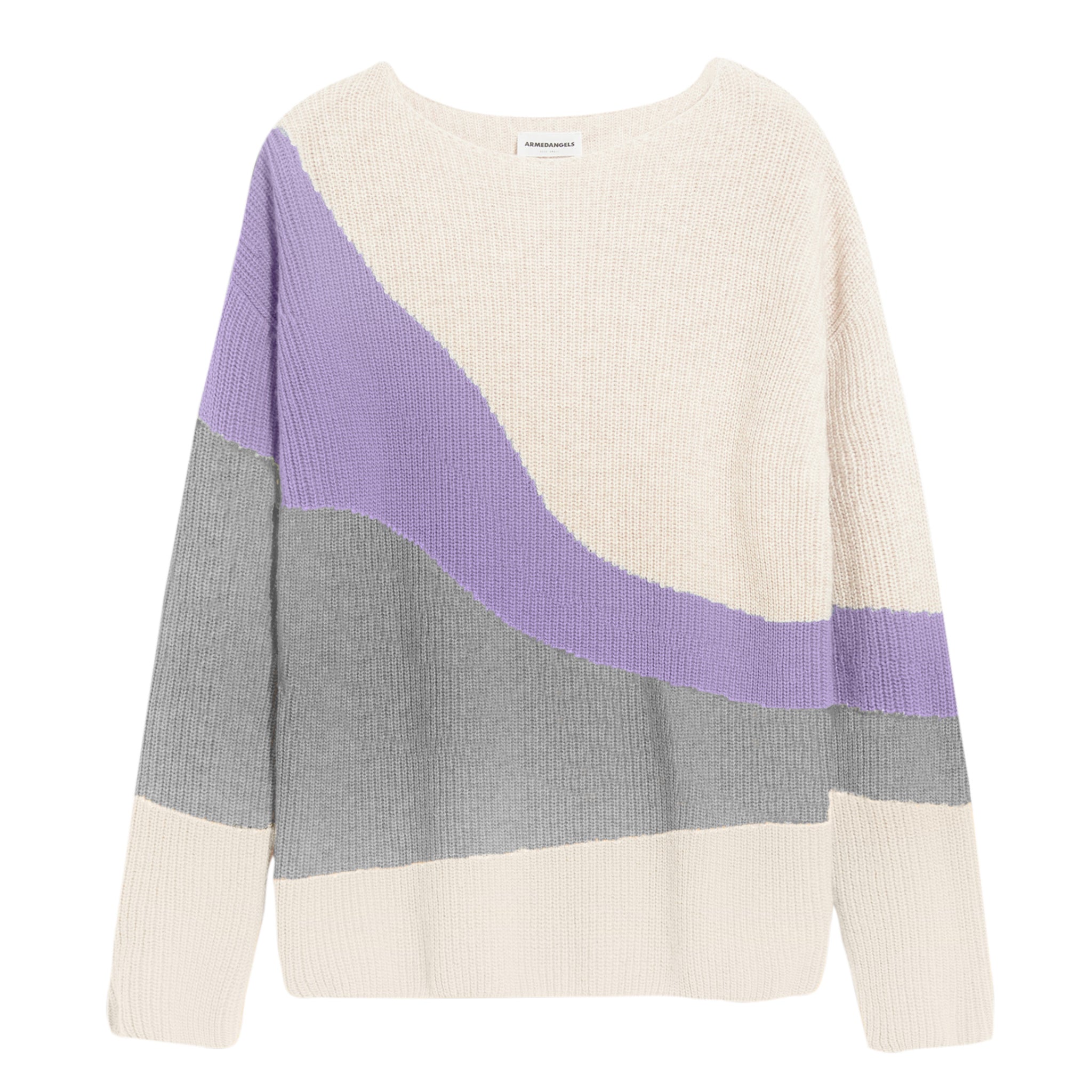 Beigefarbener Pullover mit wellenförmigen Streifen in Lila und Grau.