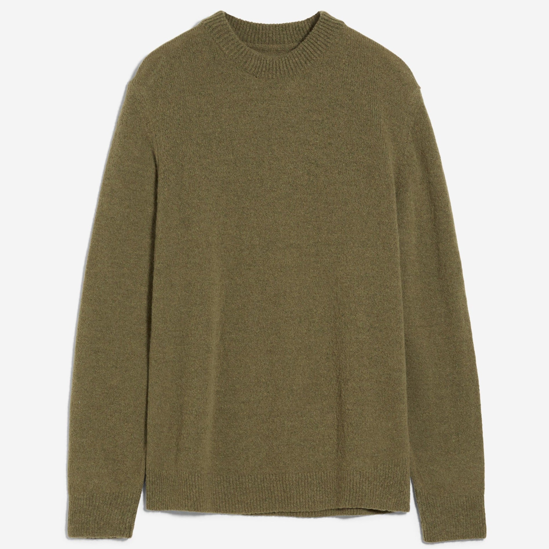 Olivgrüner Pullover aus weichem Stoff mit Rundhalsausschnitt und langen Ärmeln.