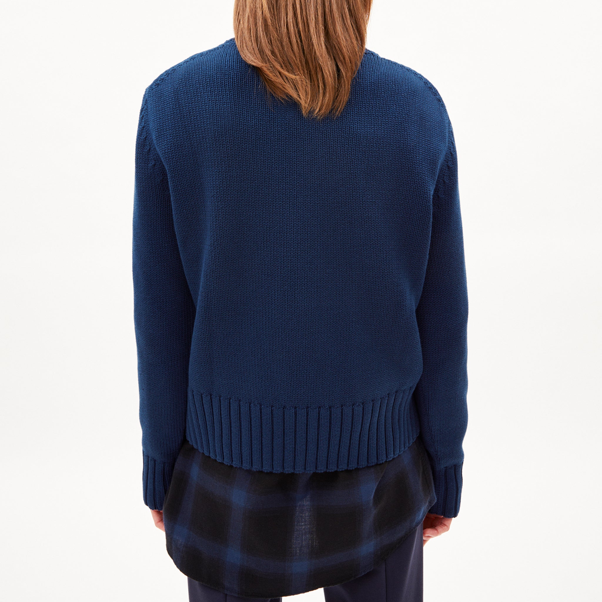 Person von hinten in blauem Pullover mit kariertem Hemd und hellbraunen Haaren vor hellem Hintergrund.