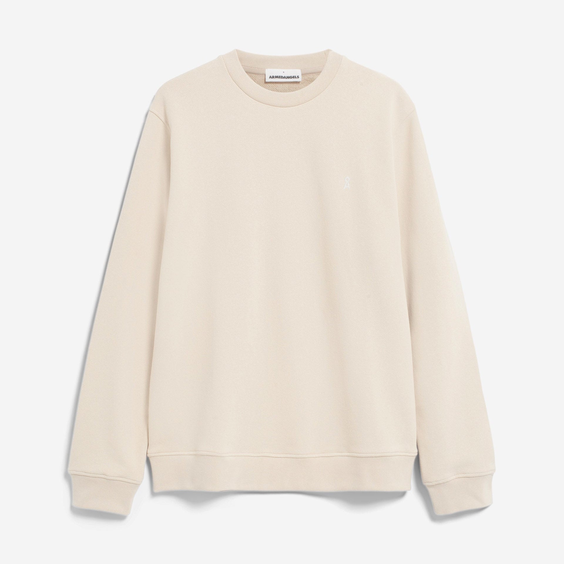 Ein schlichtes, hellbeiges Sweatshirt mit Rundhalsausschnitt, langen Ärmeln, gerippten Bündchen und geripptem Saum, flach auf weißem Hintergrund.