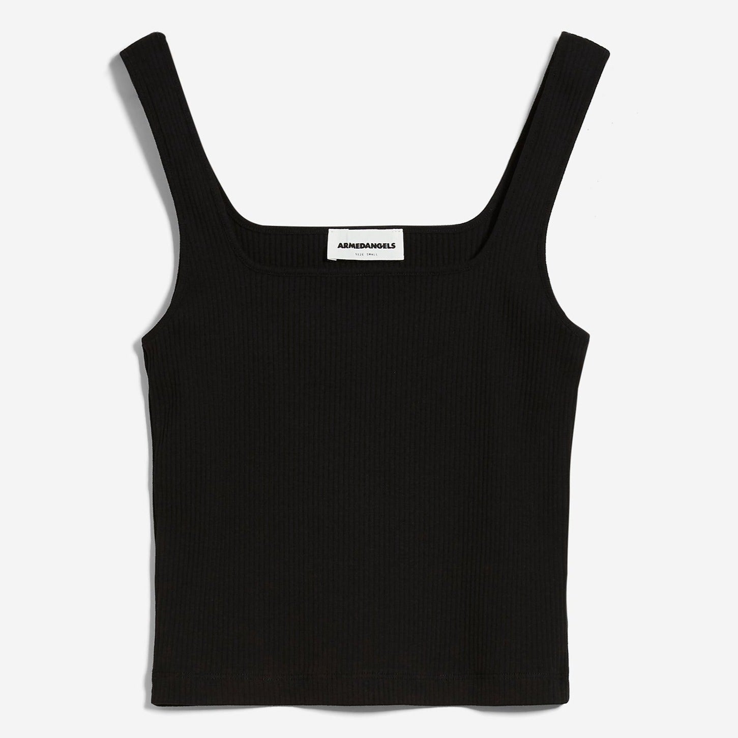 Schwarzes ärmelloses Oberteil mit quadratischem Ausschnitt und einem Etikett am inneren Kragen vor weißem Hintergrund.