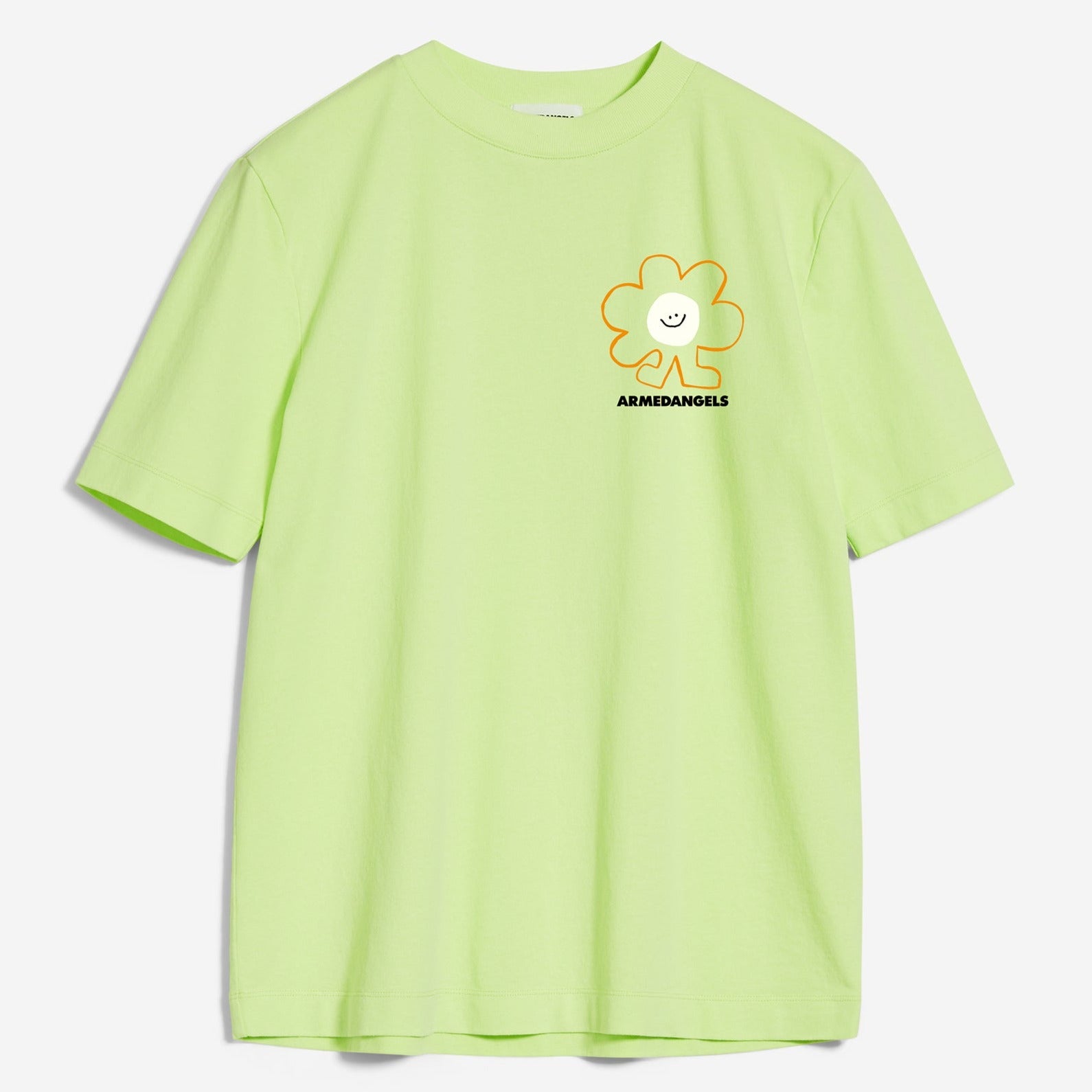 Hellgrünes T-Shirt mit einem aufgedruckten, lächelnden Blumenmotiv und dem Schriftzug "Armedangels".