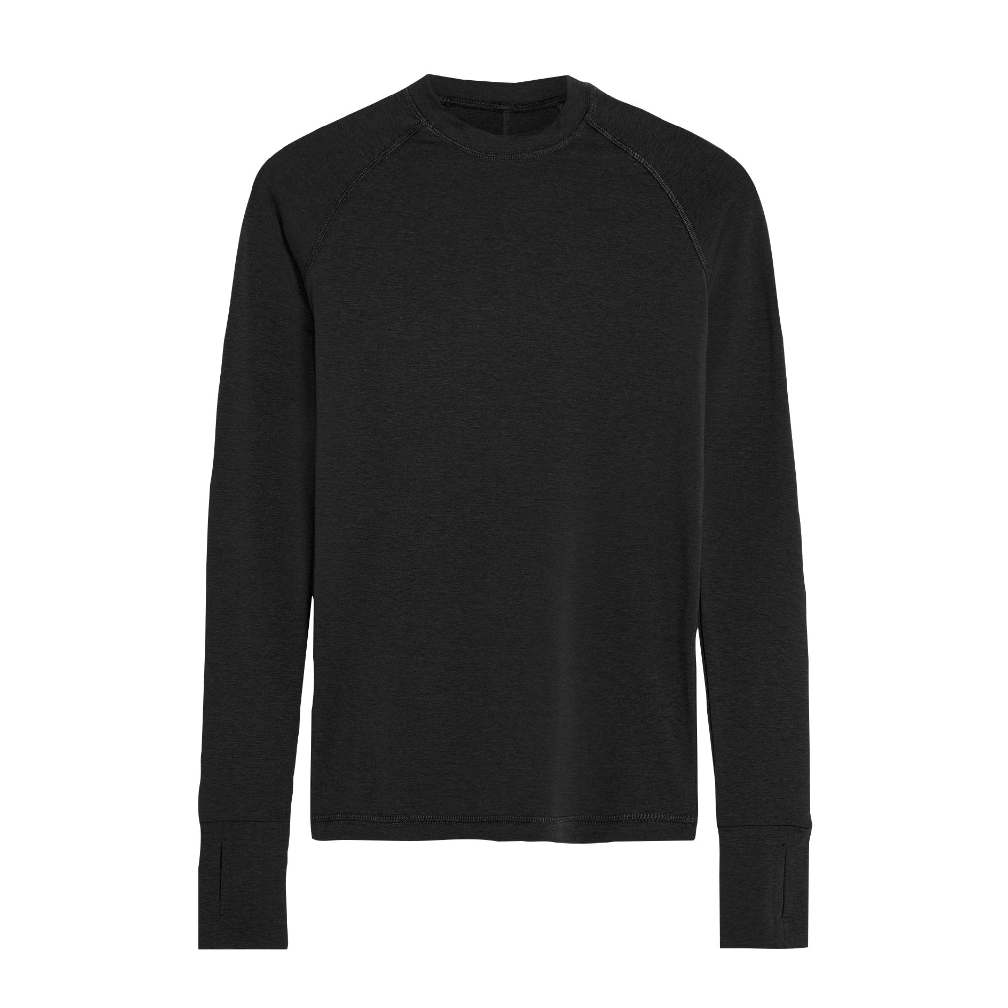 Schwarzes Langarmshirt auf weißem Hintergrund, mit Rundhalsausschnitt und geradem Schnitt.