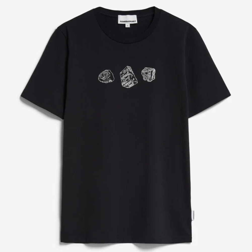 Ein schwarzes Kurzarm-T-Shirt mit drei weiß umrandeten Edelstein-Illustrationen auf der Brust. Das Shirt hat einen Rundhalsausschnitt und ein dezentes Etikett an der linken Seitennaht.