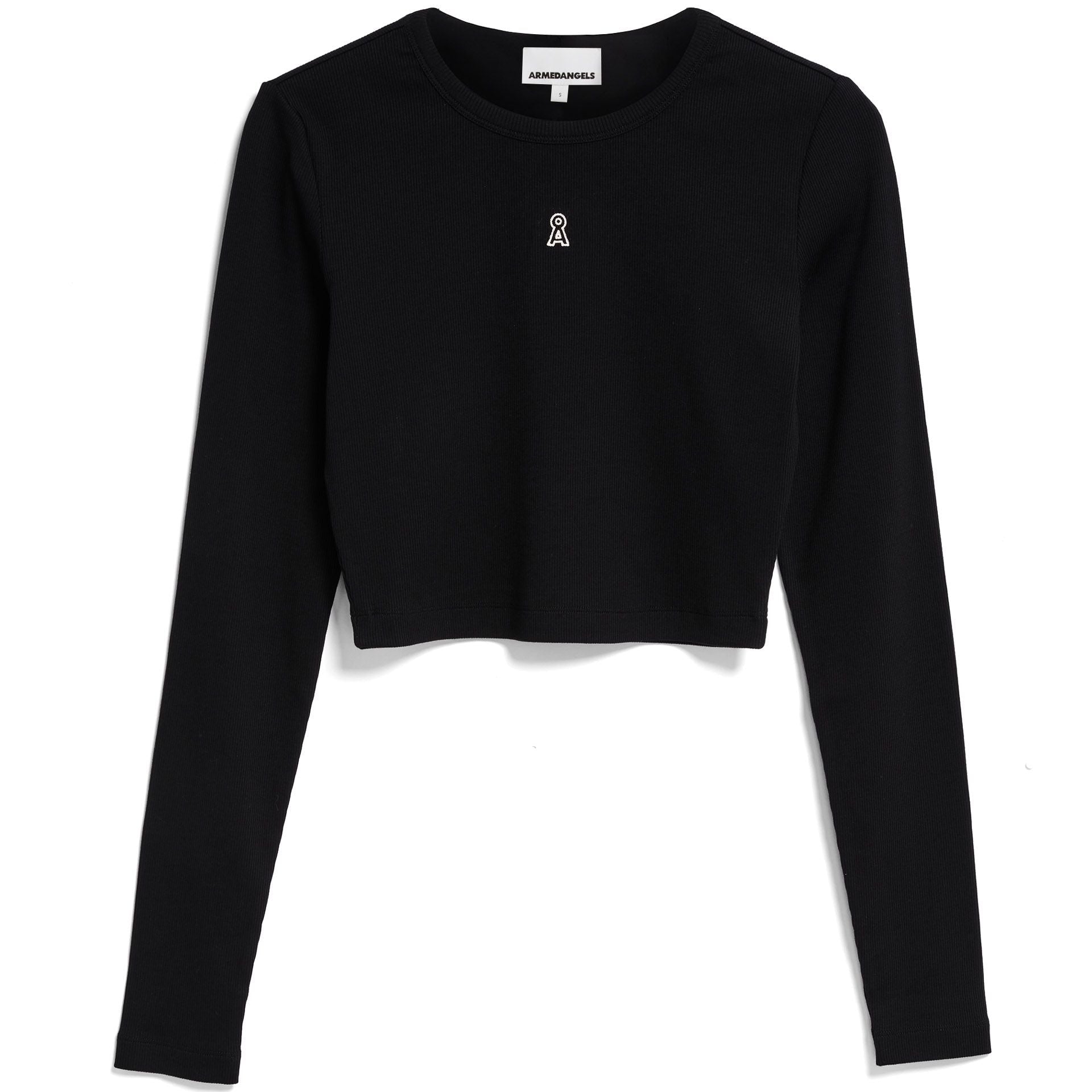 Schwarzes, langärmeliges, tailliertes Oberteil mit Rundhalsausschnitt und einem kleinen, weiß gestickten Logo auf der Brustmitte. Auf dem Etikett am Halsausschnitt steht AMBUSHWORKSHOP.