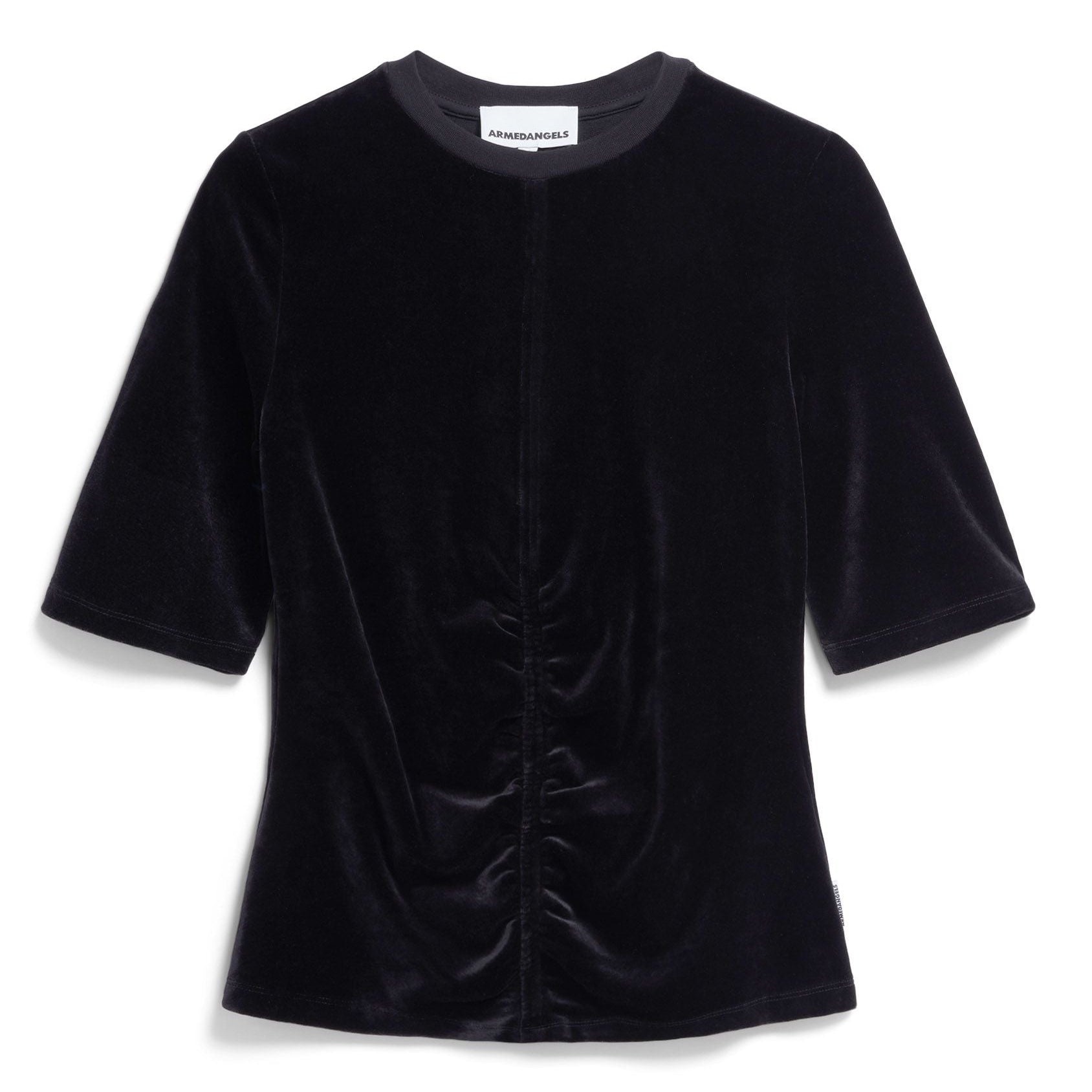 Schwarzes, kurzärmeliges Top aus Samt mit Rundhalsausschnitt und dezenten Raffungen in der vorderen Mitte.